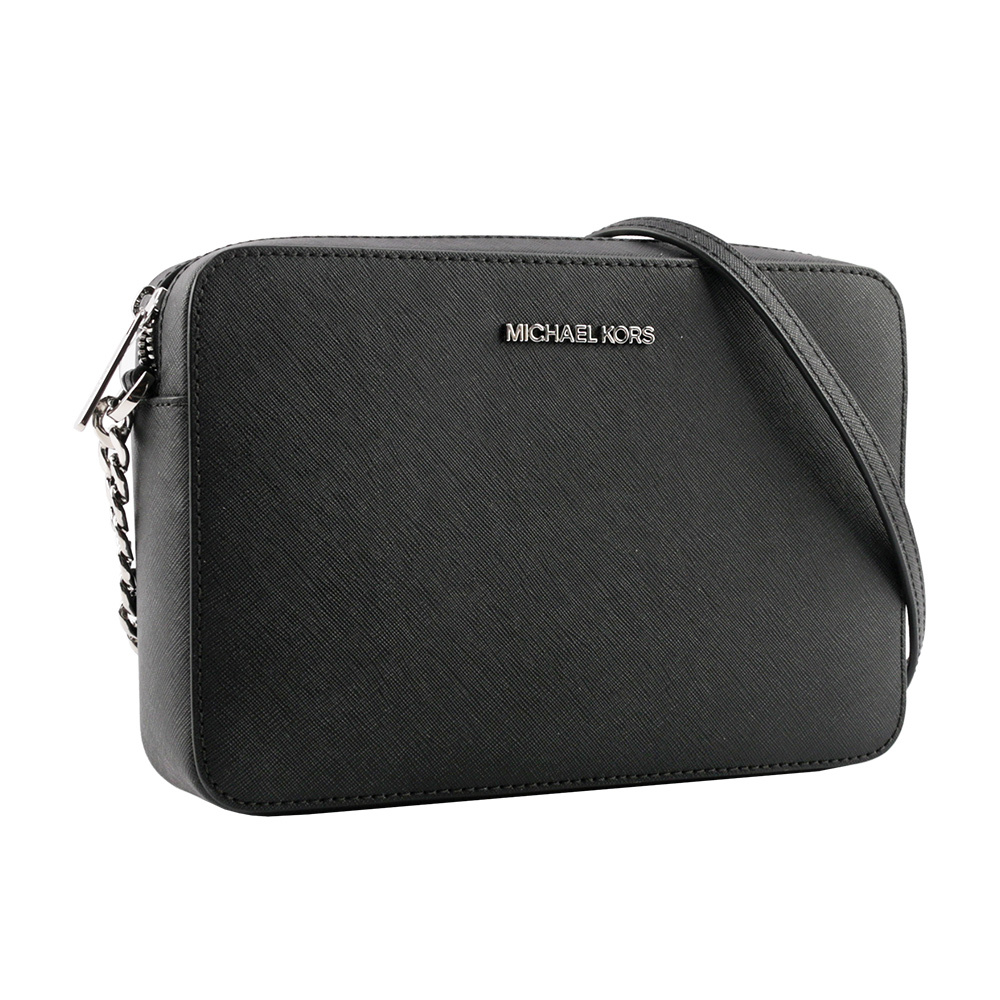【Michael Kors】銀字logo方形鏈帶斜背包(黑色)
