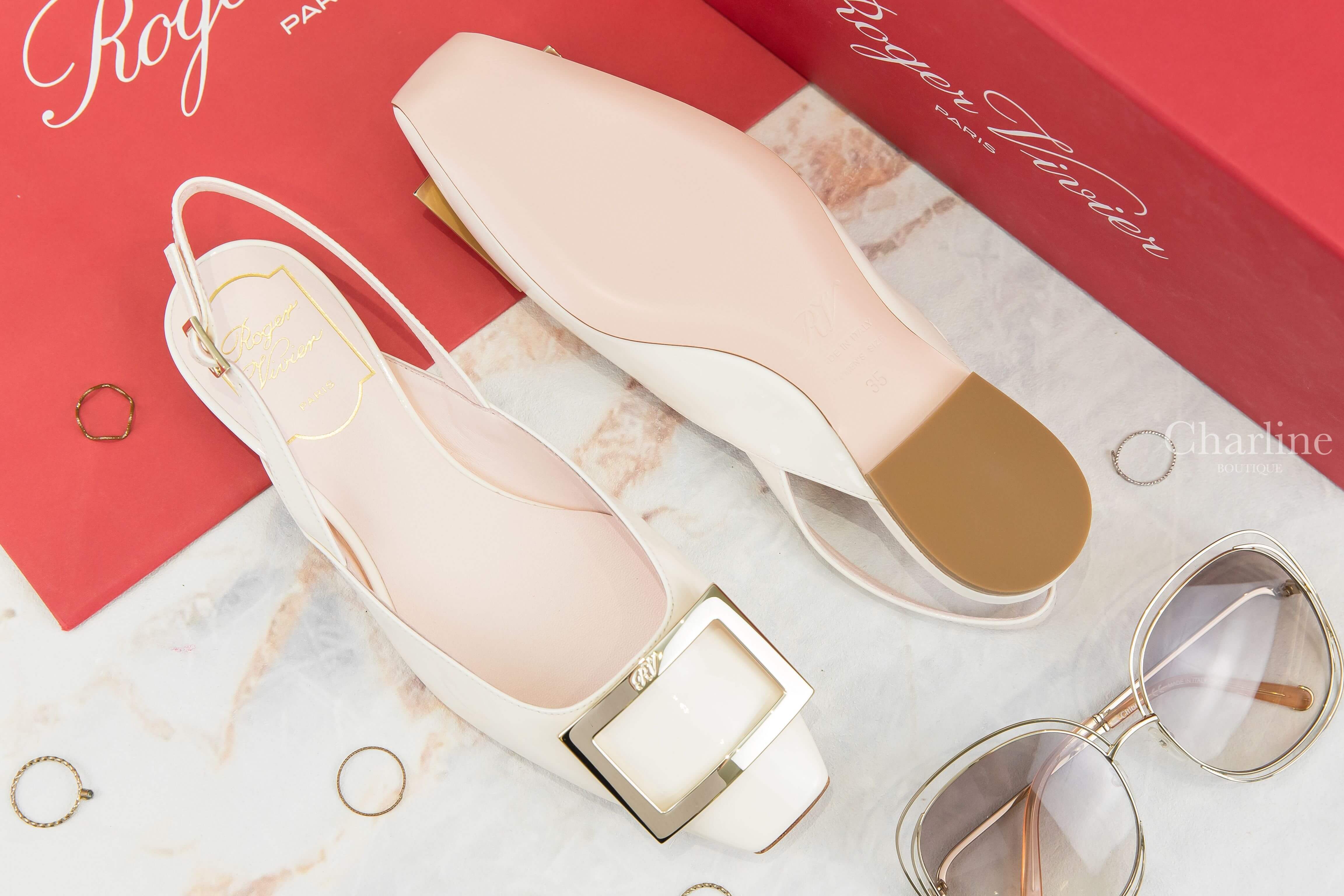 Roger Vivier Trompette Metal Buckle Slingback Ballerinas In Patent Leather 米白色漆皮淡金色方釦絆帶平底鞋-Charline Boutique 精品代購