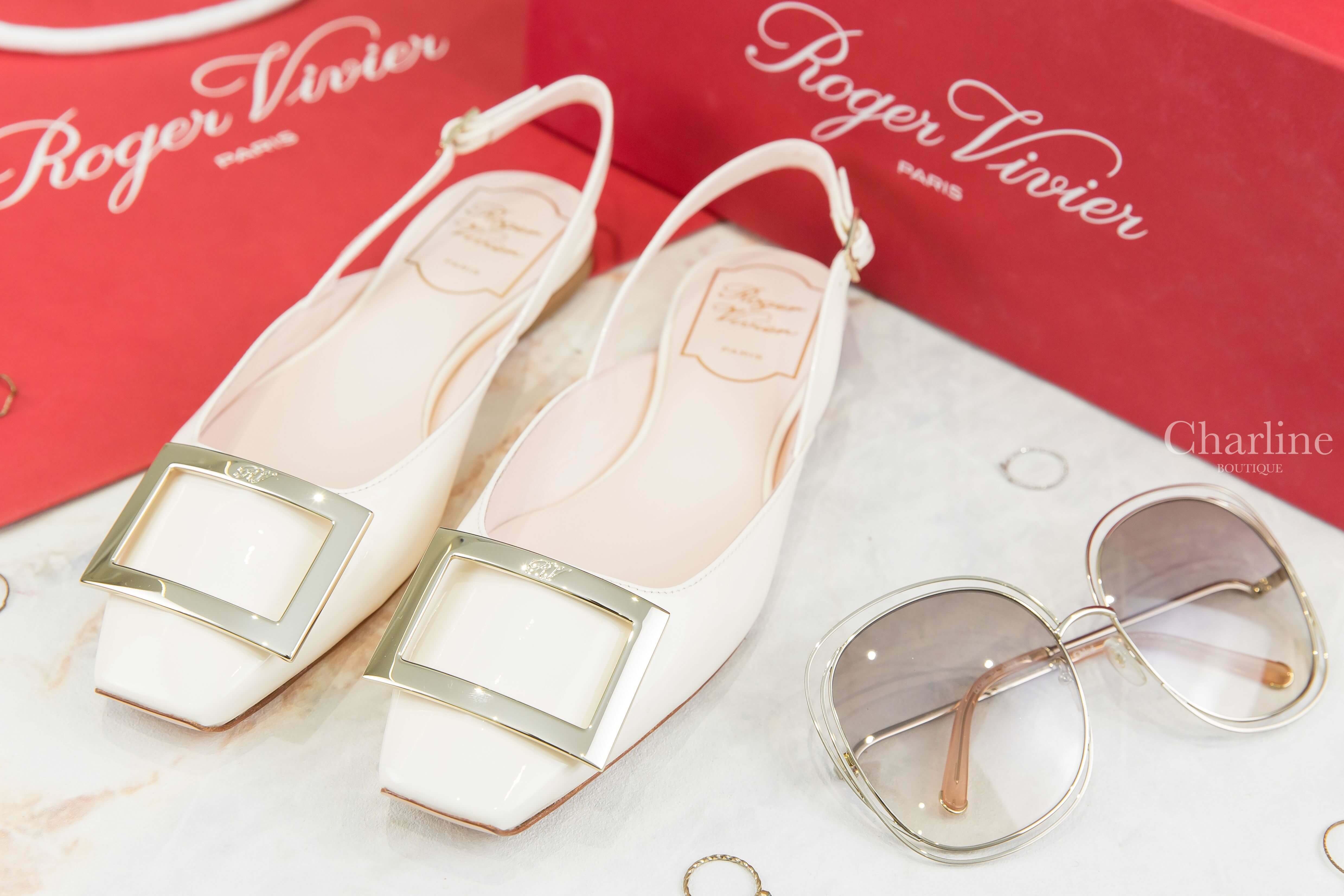 Roger Vivier Trompette Metal Buckle Slingback Ballerinas In Patent Leather 米白色漆皮淡金色方釦絆帶平底鞋-Charline Boutique 精品代購