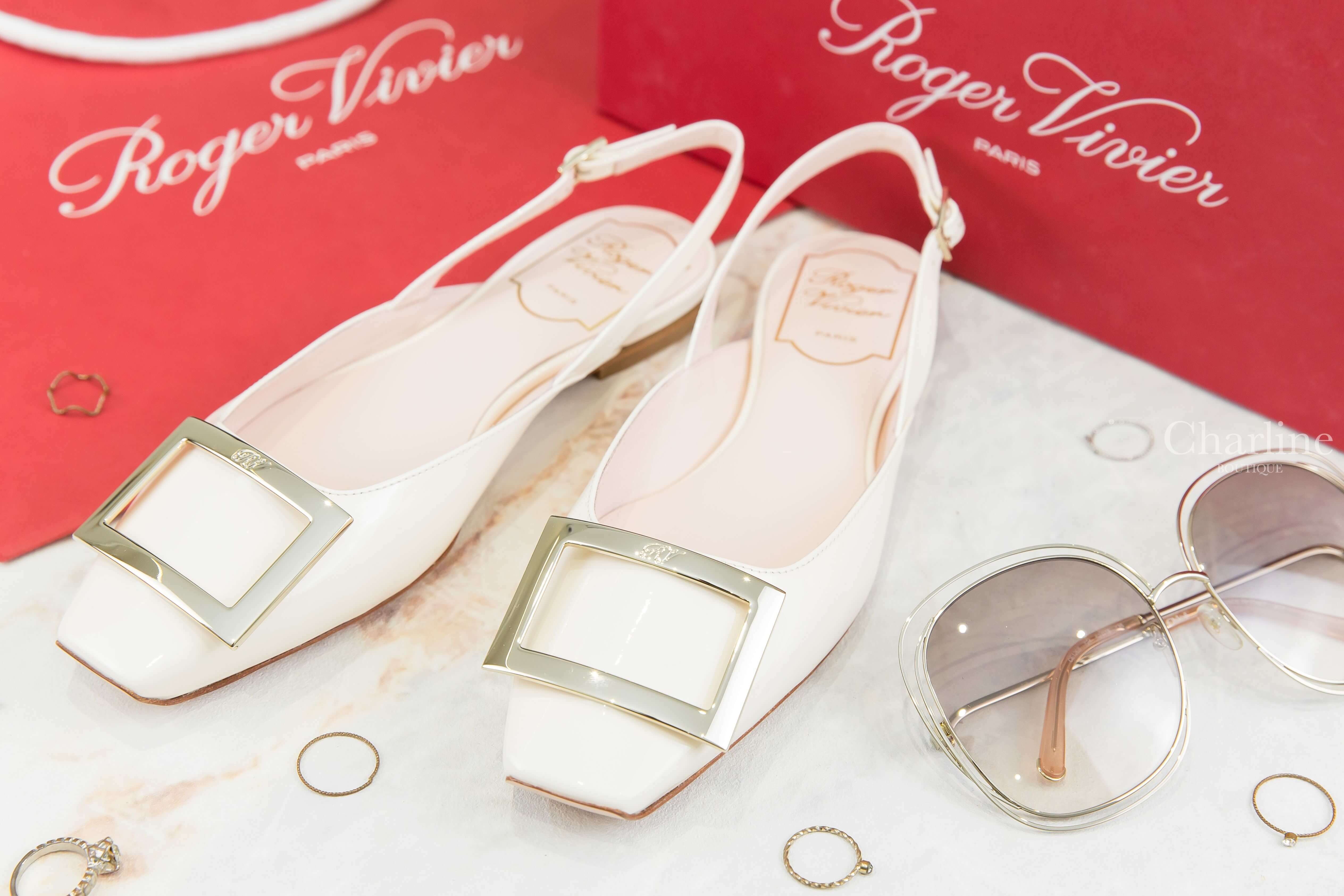 Roger Vivier Trompette Metal Buckle Slingback Ballerinas In Patent Leather 米白色漆皮淡金色方釦絆帶平底鞋-Charline Boutique 精品代購