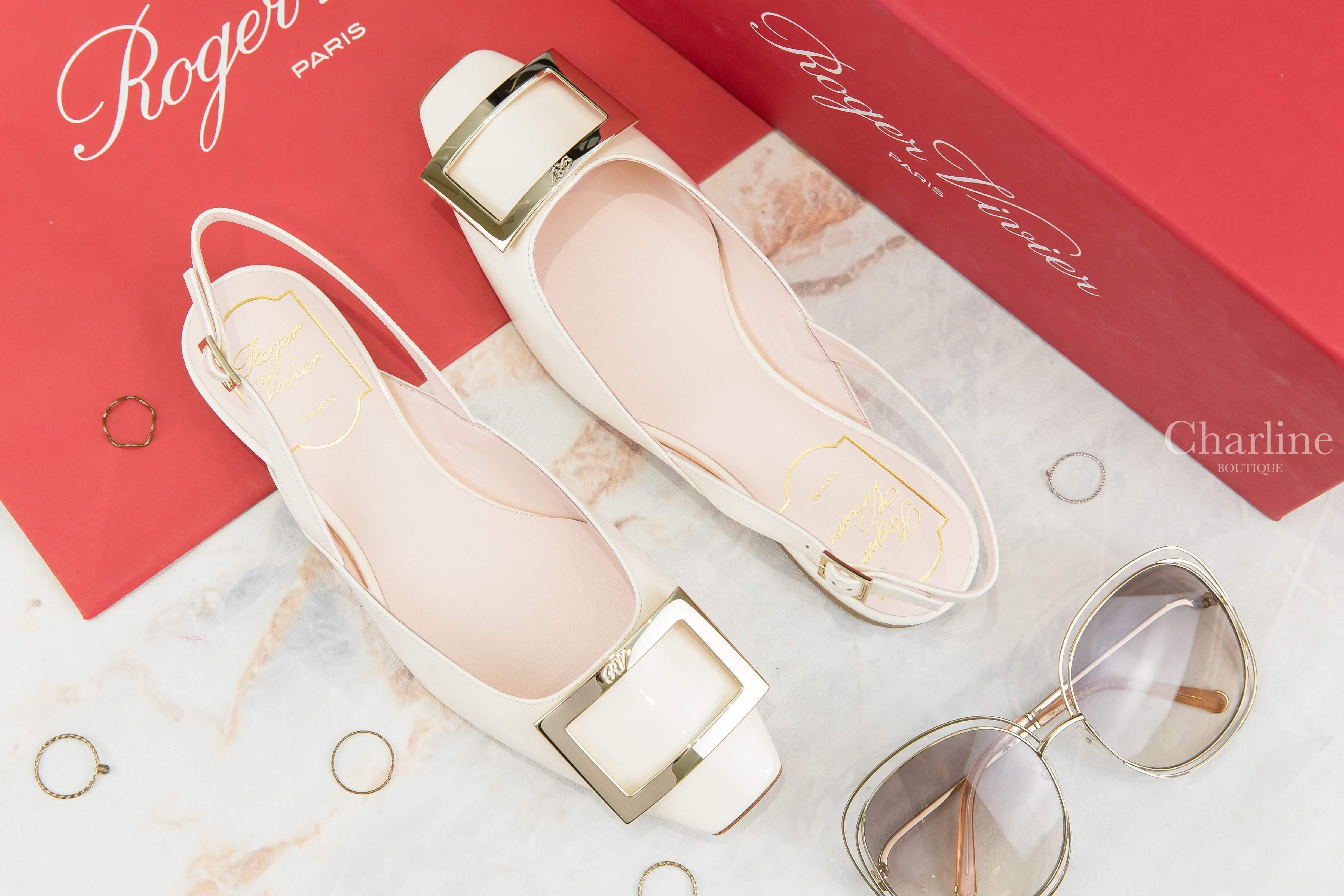 Roger Vivier Trompette Metal Buckle Slingback Ballerinas In Patent Leather 米白色漆皮淡金色方釦絆帶平底鞋-Charline Boutique 精品代購