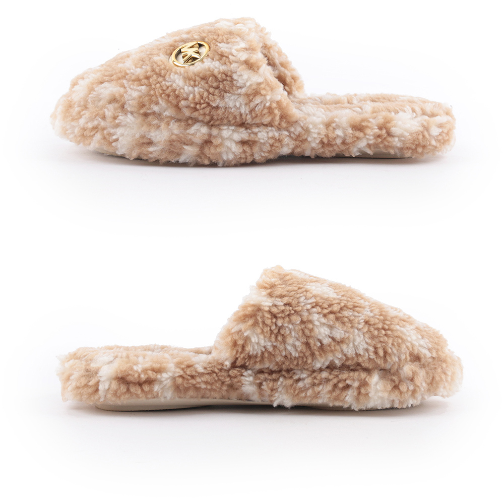 【Michael Kors】金字Logo 混色毛毛拖鞋(駝色/白色)