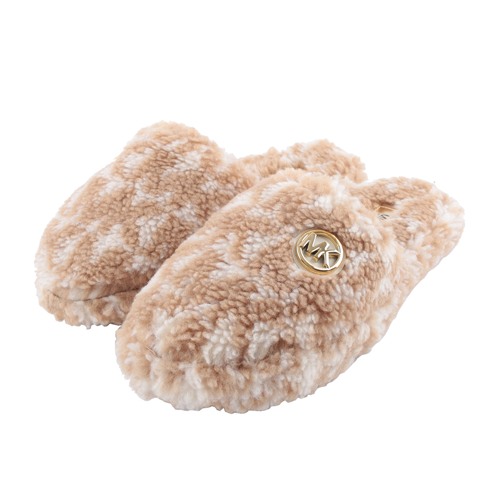【Michael Kors】金字Logo 混色毛毛拖鞋(駝色/白色)
