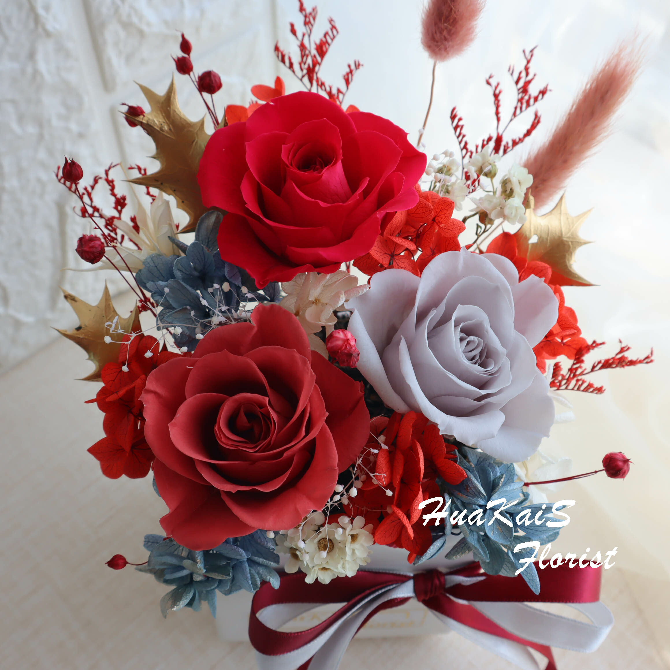 永生花小盆栽|復古紅方盆|開幕盆栽|永生花禮|情人節禮物|母親節禮物