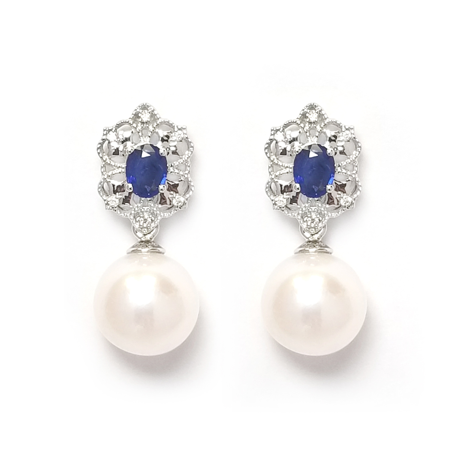 18K白金天然鑽石藍寶石珍珠耳環
