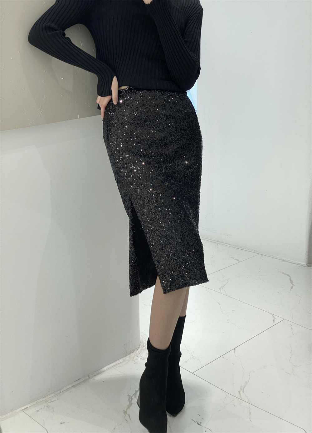洋氣亮片開衩鉛筆裙