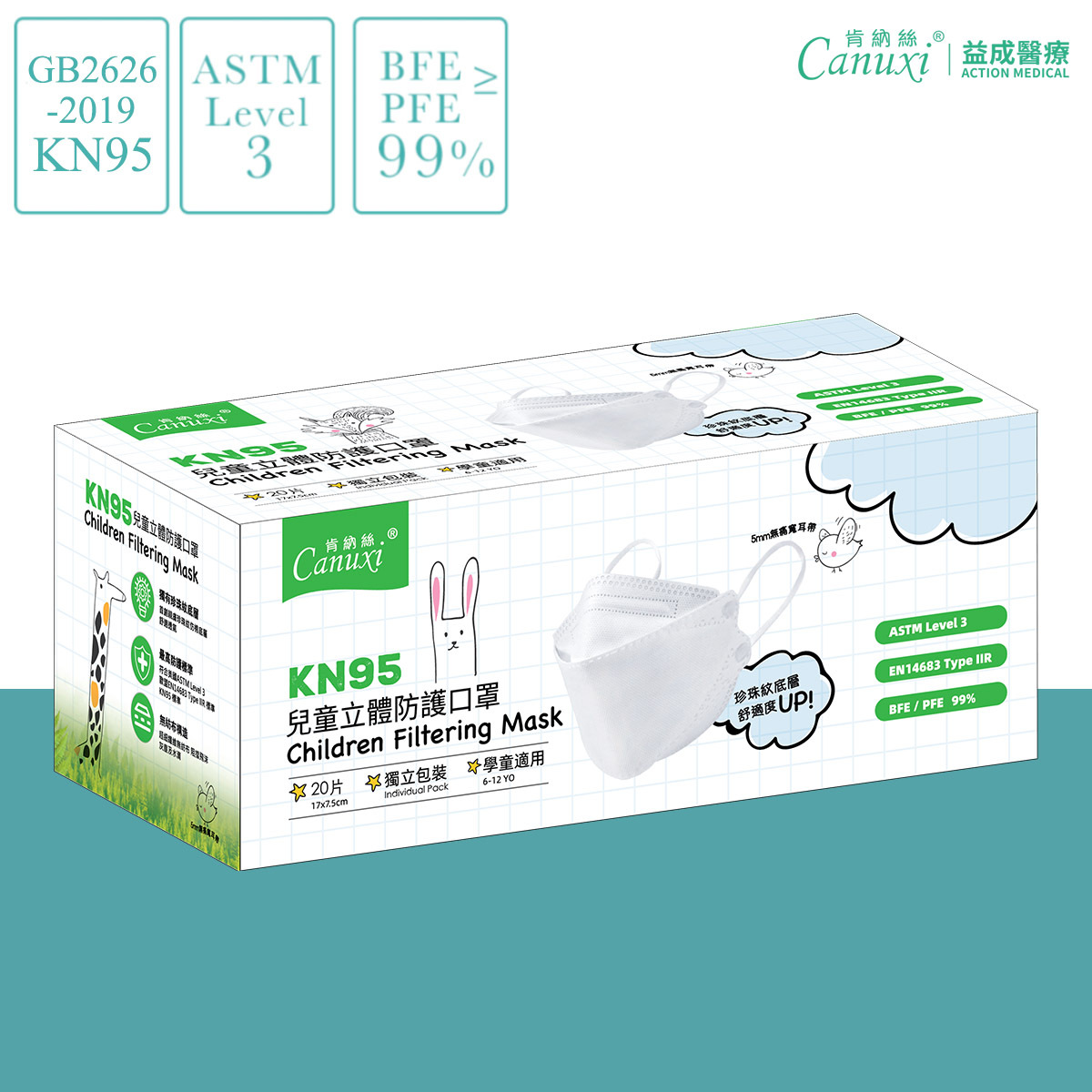 KN95 白色兒童高透氣魚咀型口罩 (20片獨立包裝)