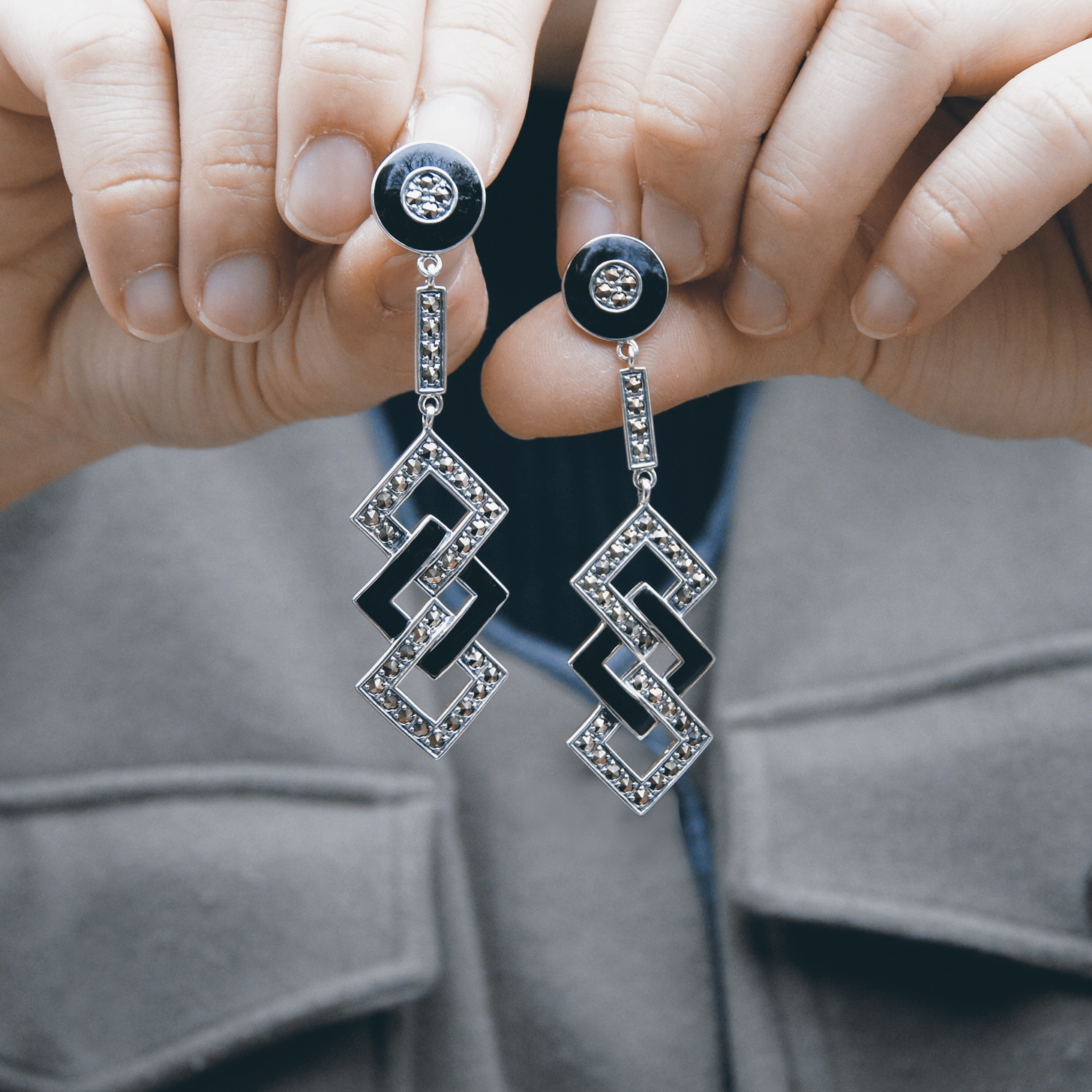 黑瑪瑙幾何菱形耳環