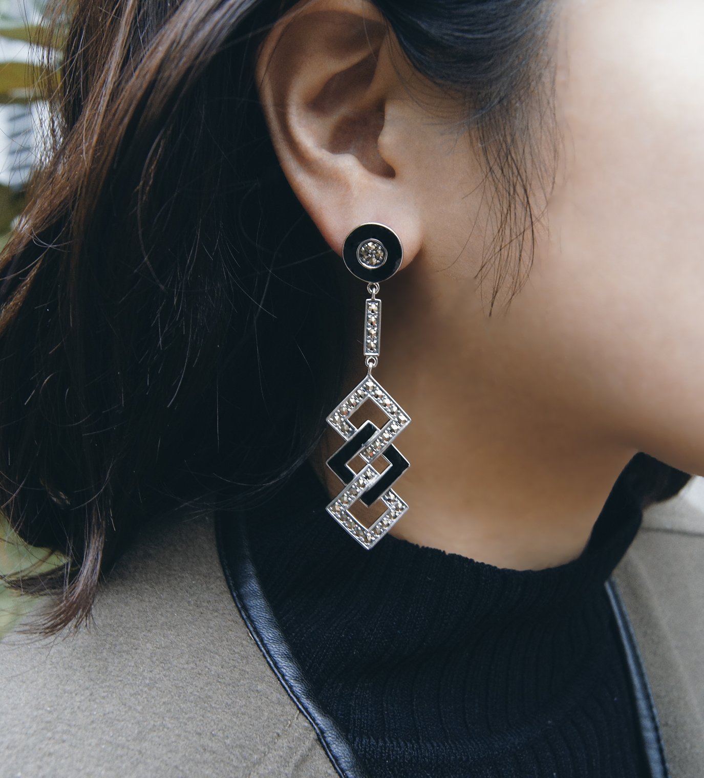 黑瑪瑙幾何菱形耳環