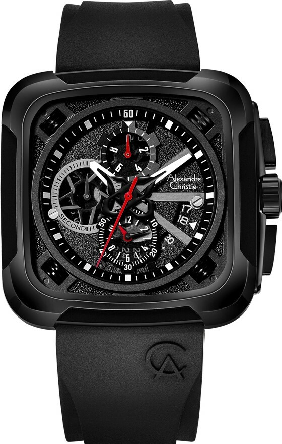 萬年鐘錶 - Alexandre Christie     AC3030 系列   方形霸氣耀岩黑石英橡膠三眼計時男錶  6577MCRIPBA  錶徑44.5MM