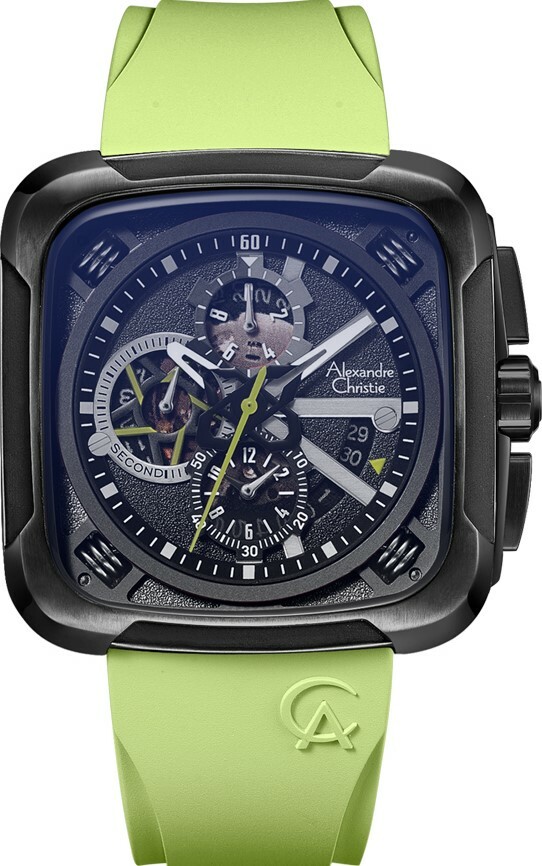 萬年鐘錶 - Alexandre Christie     AC3030 系列   方形霸氣極光綠橡膠三眼計時男錶  6577MCRIPBALE  錶徑44.5MM