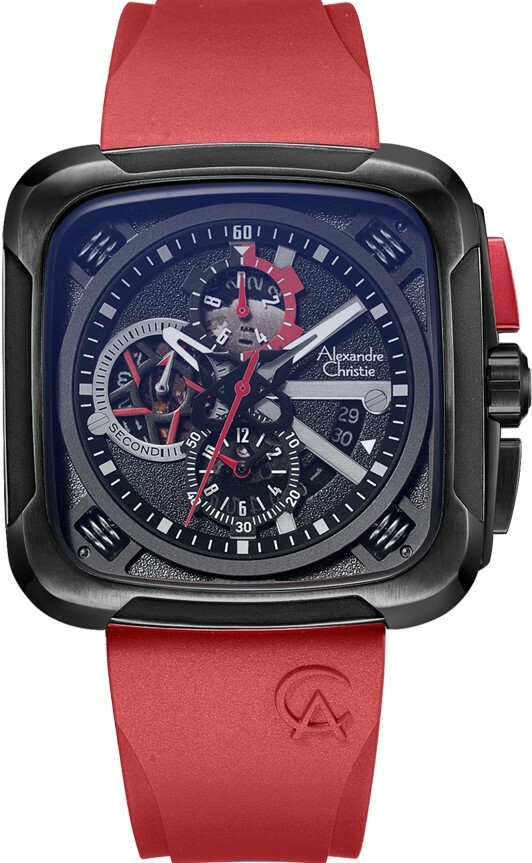 萬年鐘錶 - Alexandre Christie     AC3030 系列   方形霸氣火炫紅橡膠三眼計時男錶 6577MCRIPBARE  錶徑44.5MM