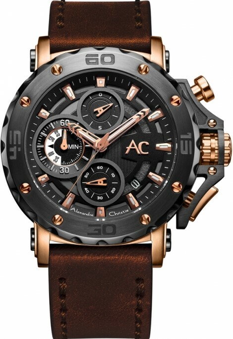 萬年鐘錶 - Alexandre Christie  9205MC系列  粗獷細膩三眼計時皮革男錶  9205MCLBRBA  錶徑47MM