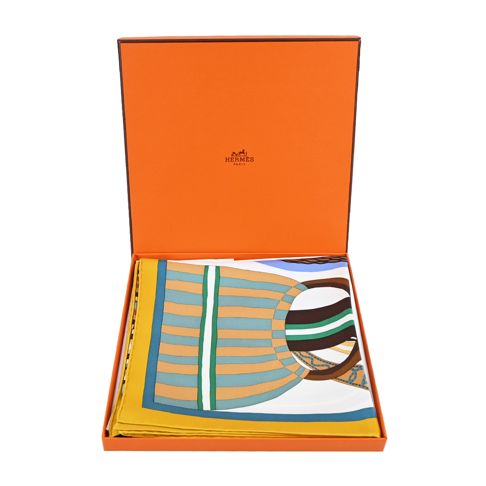 Hermes Hermes La Selle Imaginaire 90 真絲方巾(黃藍綠)