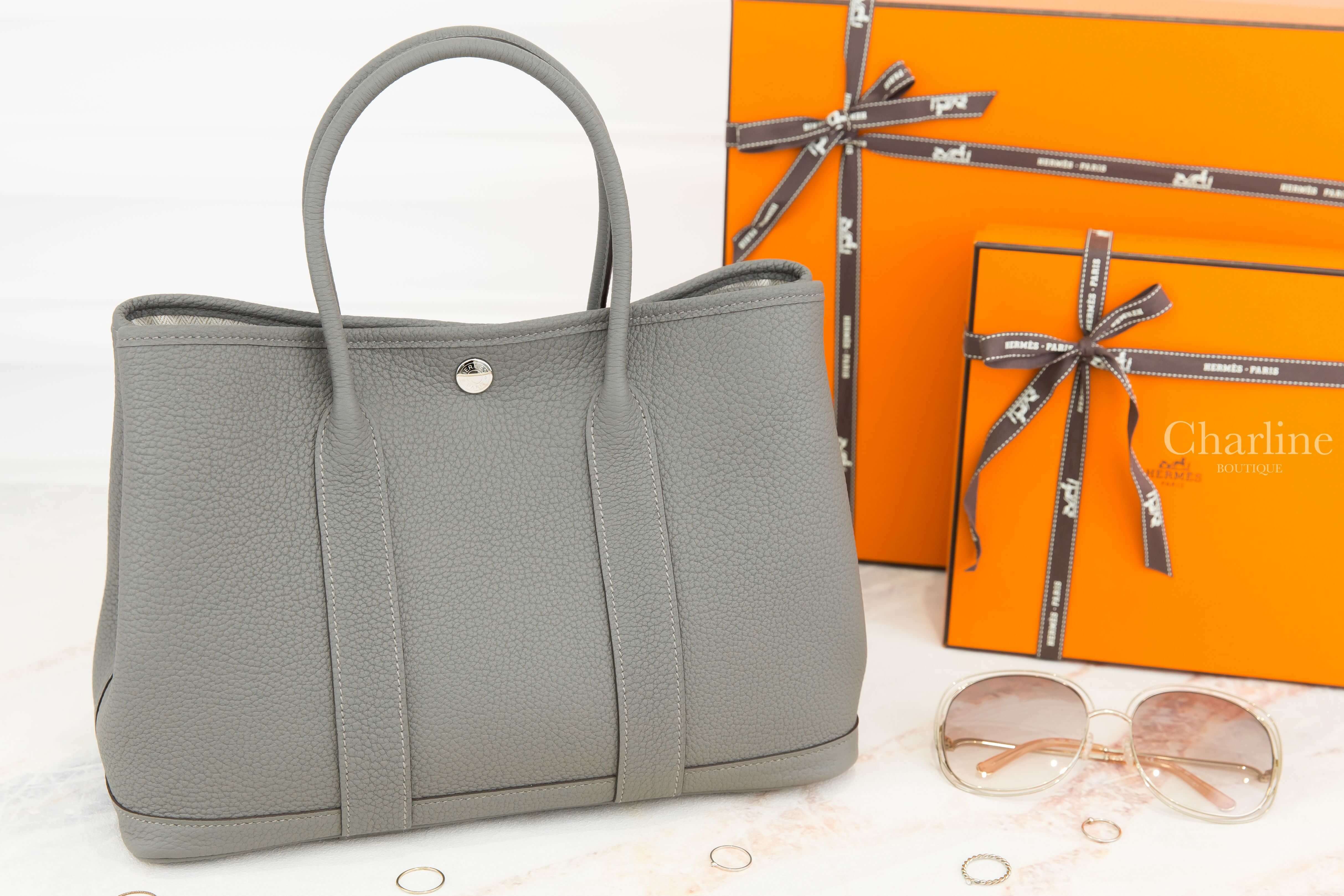 Hermès Garden Party 30cm 0L Gris Meyer Veau Negonda U刻積雨雲灰肩背包-Charline Boutique 精品代購