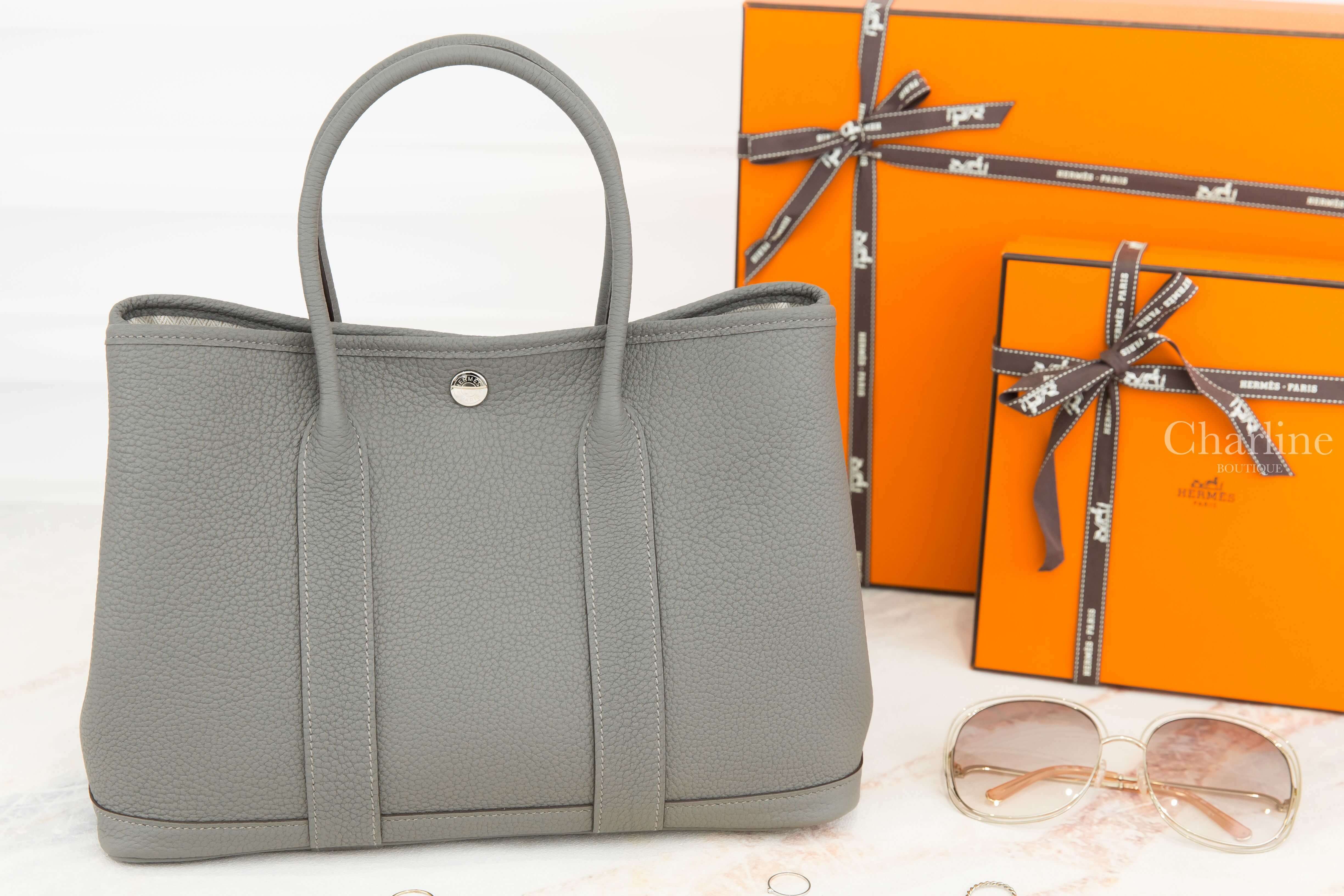 Hermès Garden Party 30cm 0L Gris Meyer Veau Negonda U刻積雨雲灰肩背包-Charline Boutique 精品代購
