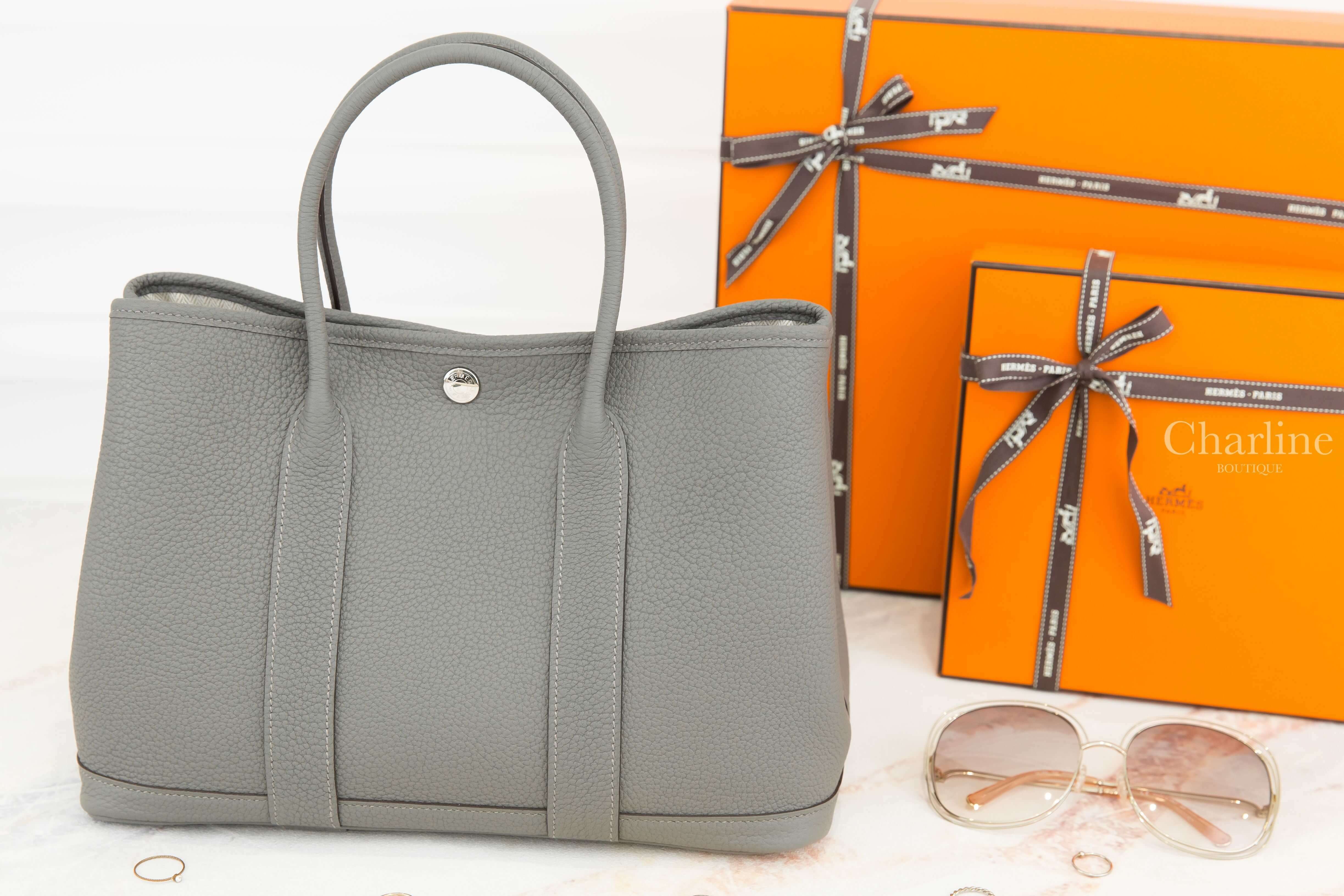 Hermès Garden Party 30cm 0L Gris Meyer Veau Negonda U刻積雨雲灰肩背包-Charline Boutique 精品代購