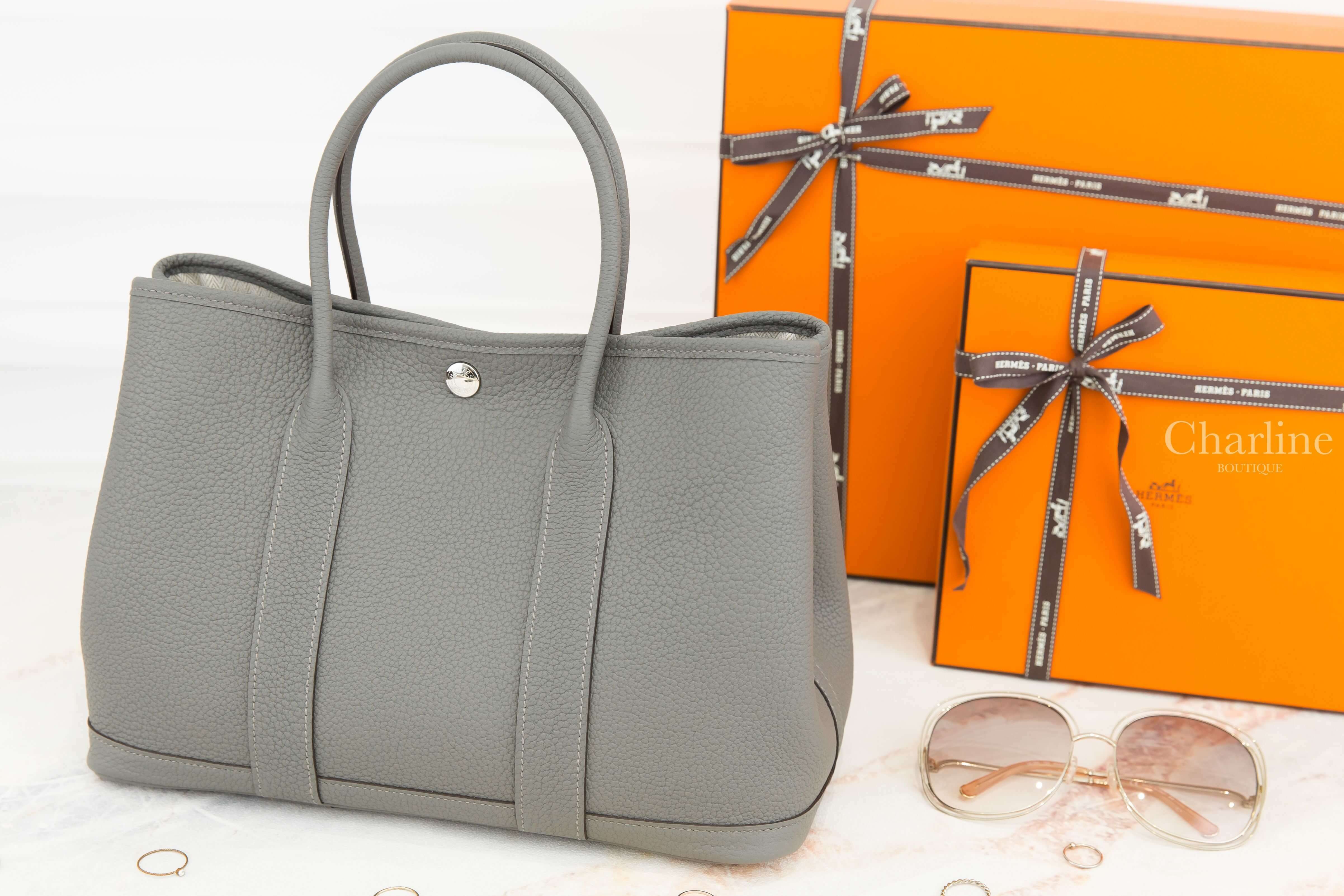 Hermès Garden Party 30cm 0L Gris Meyer Veau Negonda U刻積雨雲灰肩背包-Charline Boutique 精品代購