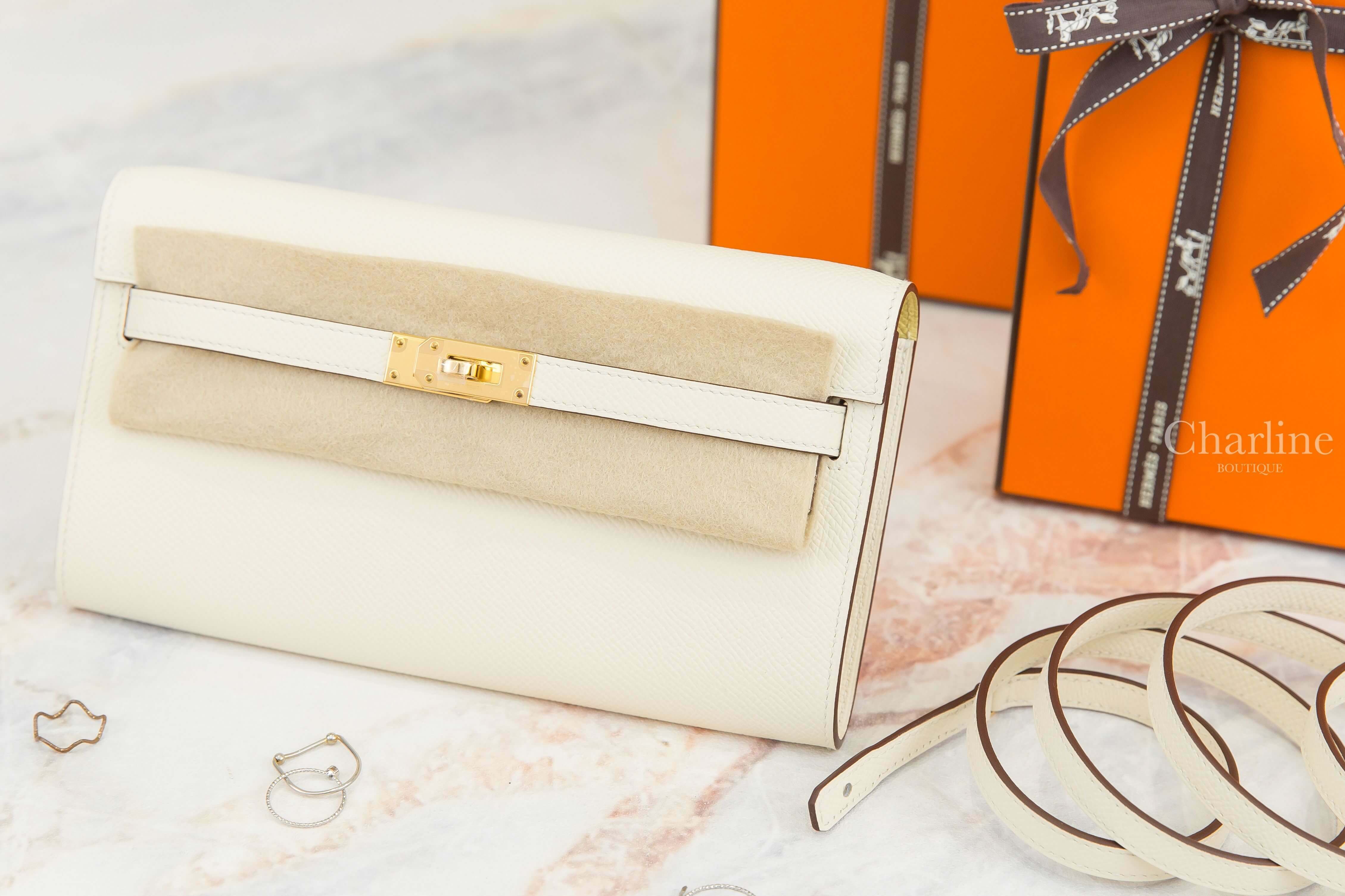 Hermès Kelly Classique To Go Wallet I2 Nata / 1Z Jaune Poussin Epsom Z刻奶油白拼小雞黃金釦凱莉肩背包-Charline Boutique 精品代購
