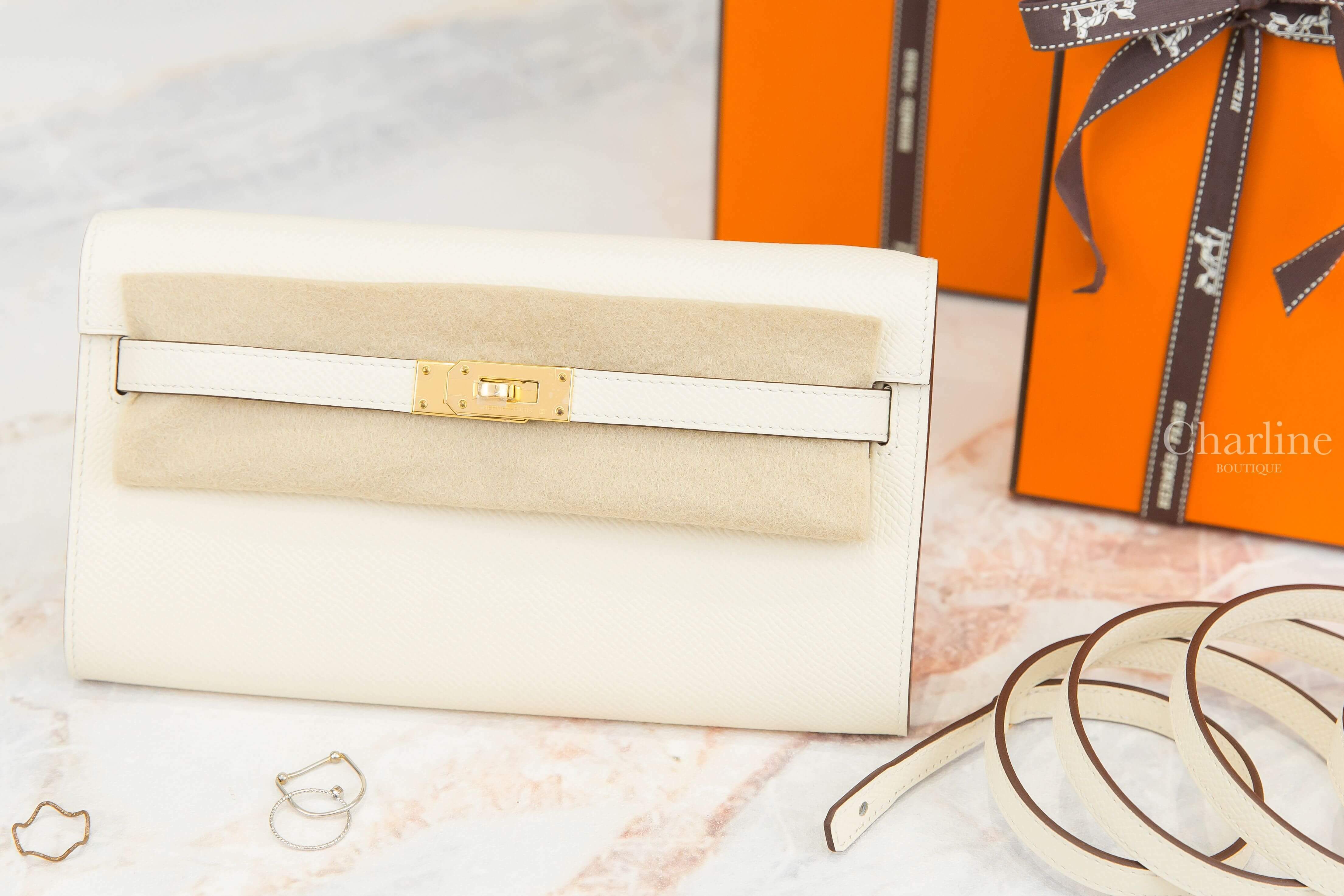 Hermès Kelly Classique To Go Wallet I2 Nata / 1Z Jaune Poussin Epsom Z刻奶油白拼小雞黃金釦凱莉肩背包-Charline Boutique 精品代購