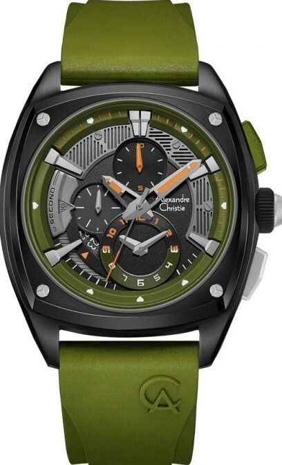 萬年鐘錶 - Alexandre Christie  6591MCR系列 橄欖綠-弧形方圓三眼計時橡膠錶帶男錶  6591MCRTBBAGN   錶徑45MM