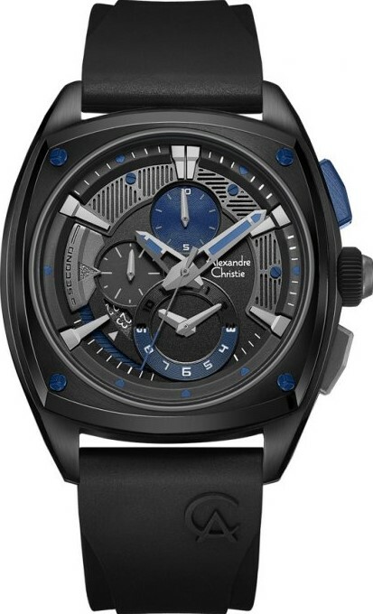 萬年鐘錶 - Alexandre Christie  6591MCR系列 藍墨黑-弧形方圓三眼計時橡膠錶帶男錶  6591MCRUBBA  錶徑45MM