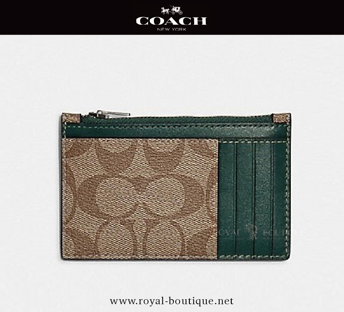 COACH 經典卡其拼接綠色卡夾夾零錢包