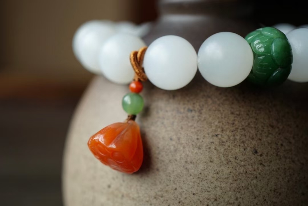 根付　和田玉 331421 和田玉羊脂玉圓珠手串(12mm直徑)