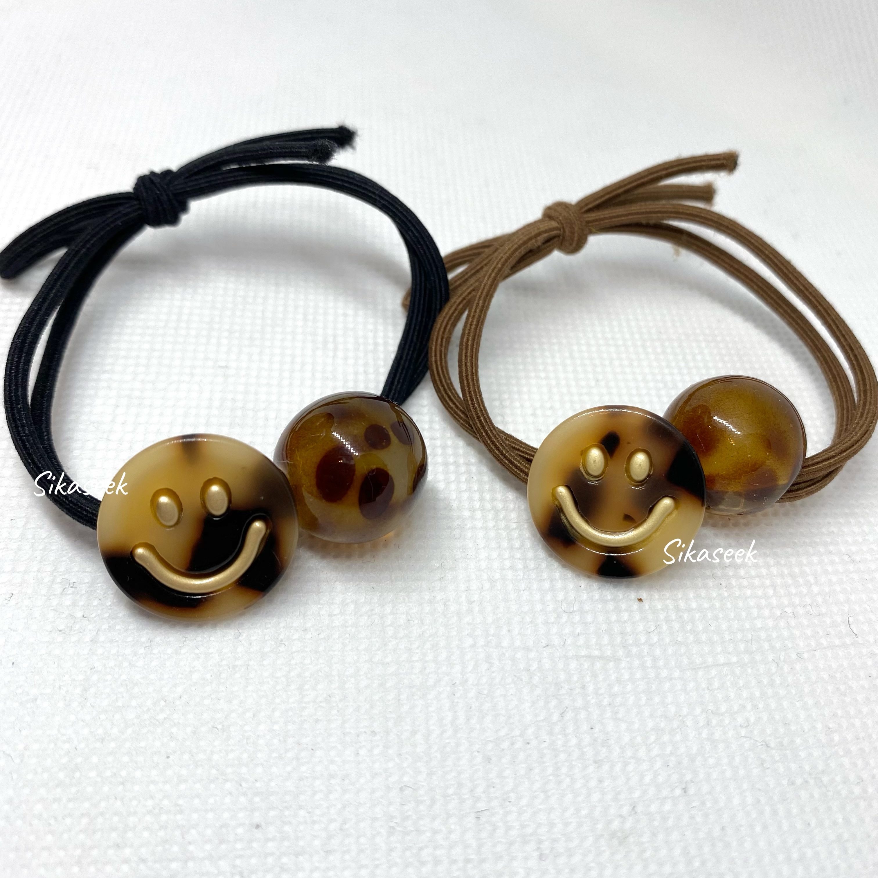 豹紋 x 啡系 笑臉 圓珠頭繩