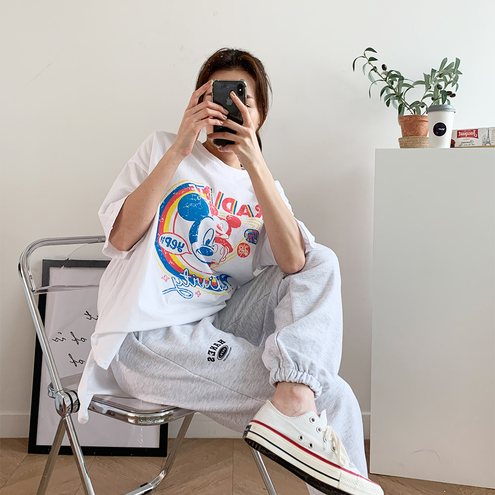 【現貨】韓國 仿舊拼接紅藍米奇落肩oversize T恤