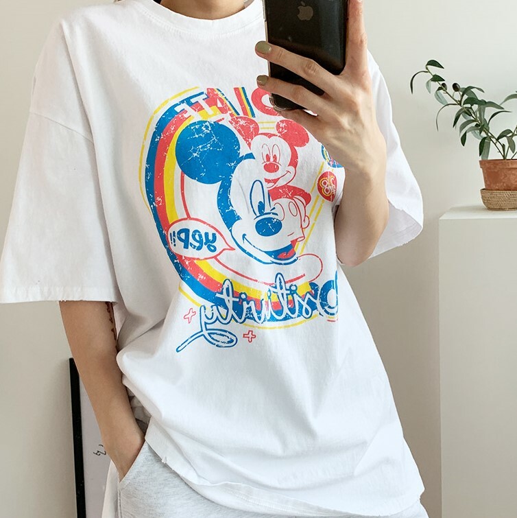 【現貨】韓國 仿舊拼接紅藍米奇落肩oversize T恤