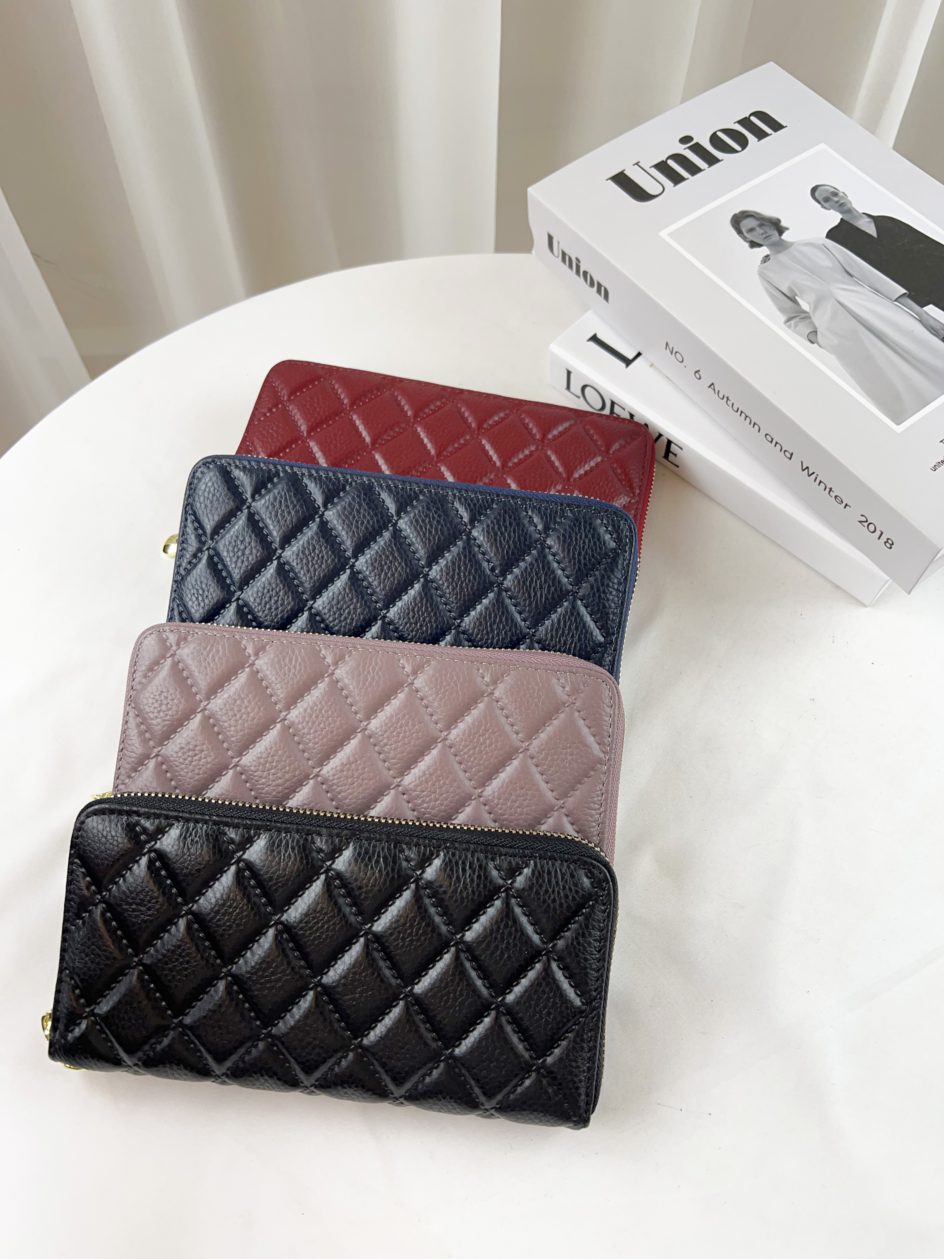 菱格紋真皮羊皮拉鍊長夾  #SM-932