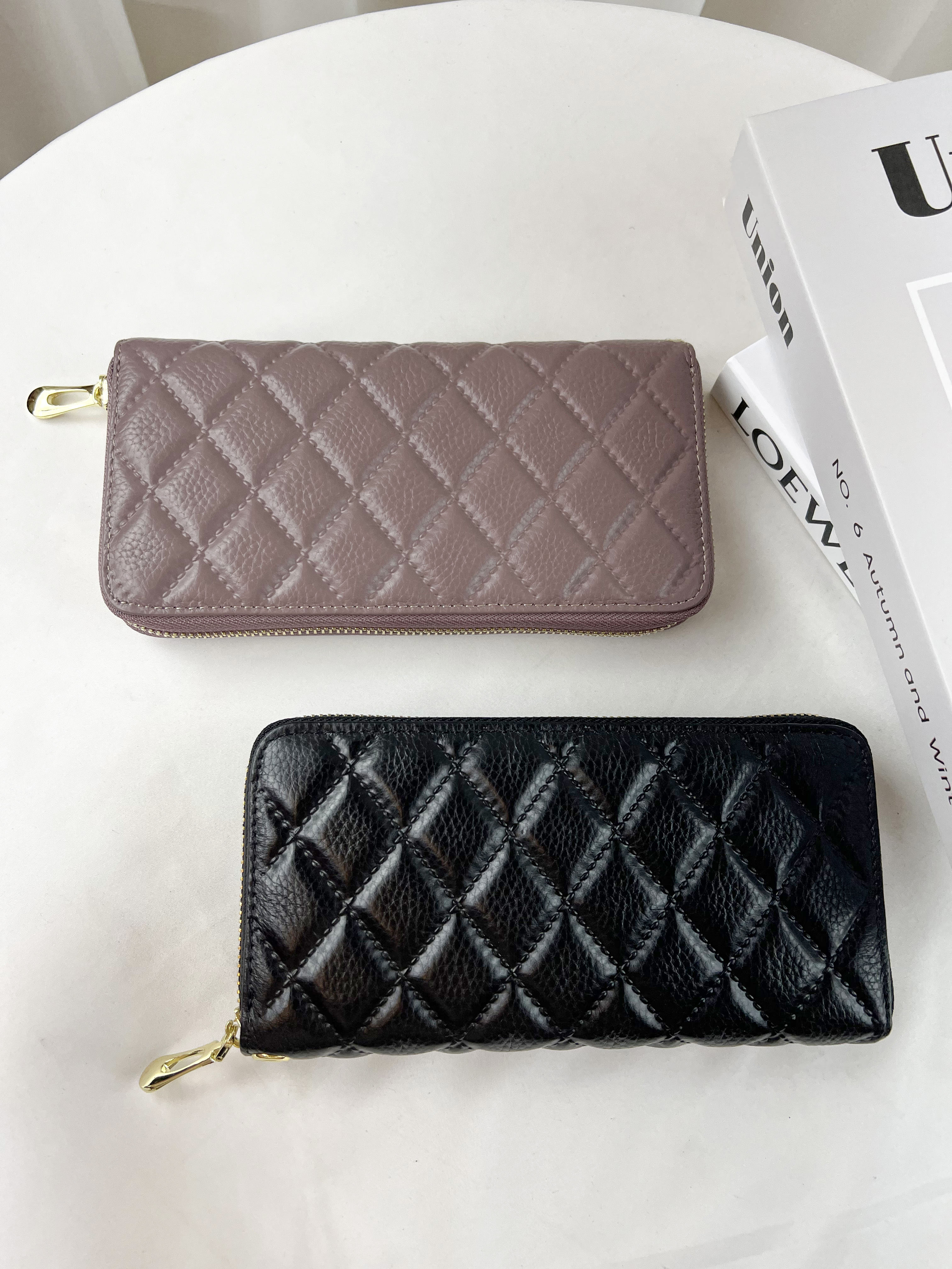 菱格紋真皮羊皮拉鍊長夾  #SM-932