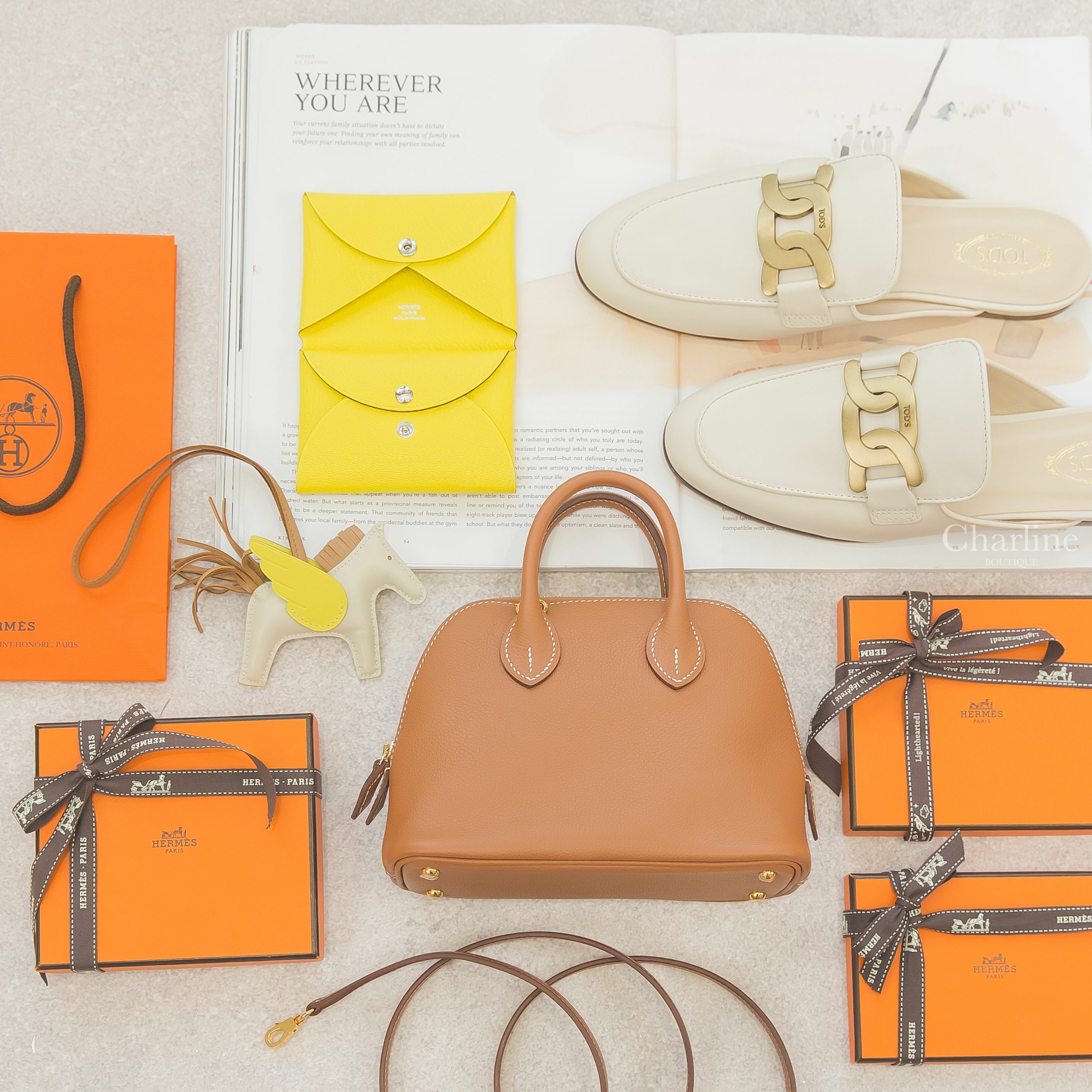 Hermès Bolide 焦糖色金釦,Hermès Rodeo 奶昔白/馬薩拉茶色/萊姆黃小型飛馬吊飾,Hermès Calvi Duo 檸檬黃卡片夾,Tod's Mules 白色皮革金色鍊條平底穆勒鞋-Charline Boutique 精品代購