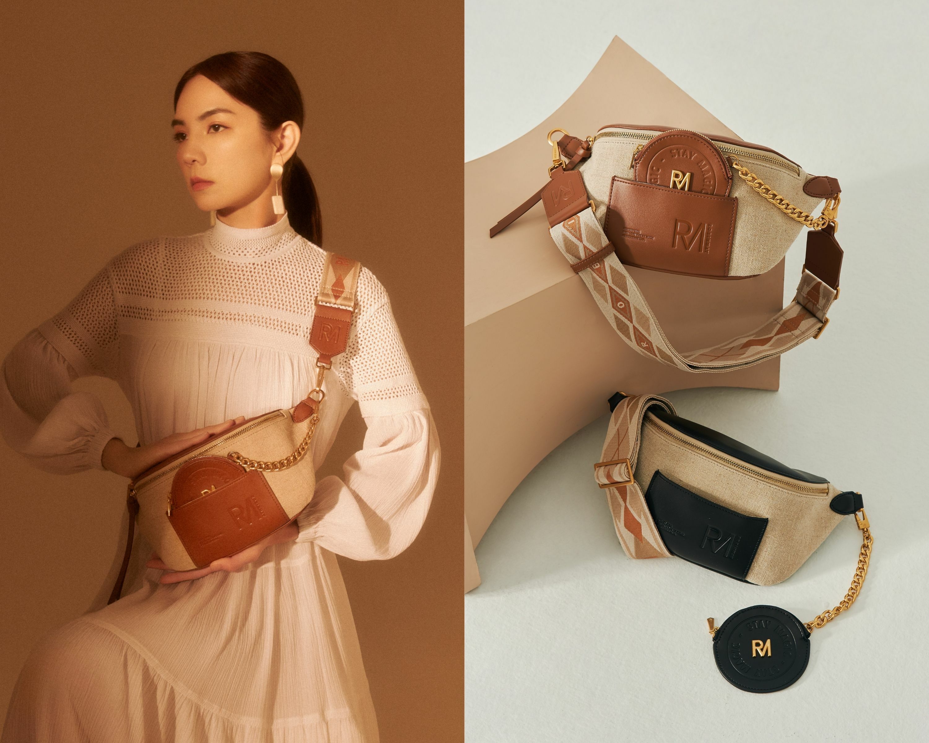 雅典神話胸包，麻布材質與皮革拼接的休閒胸包。