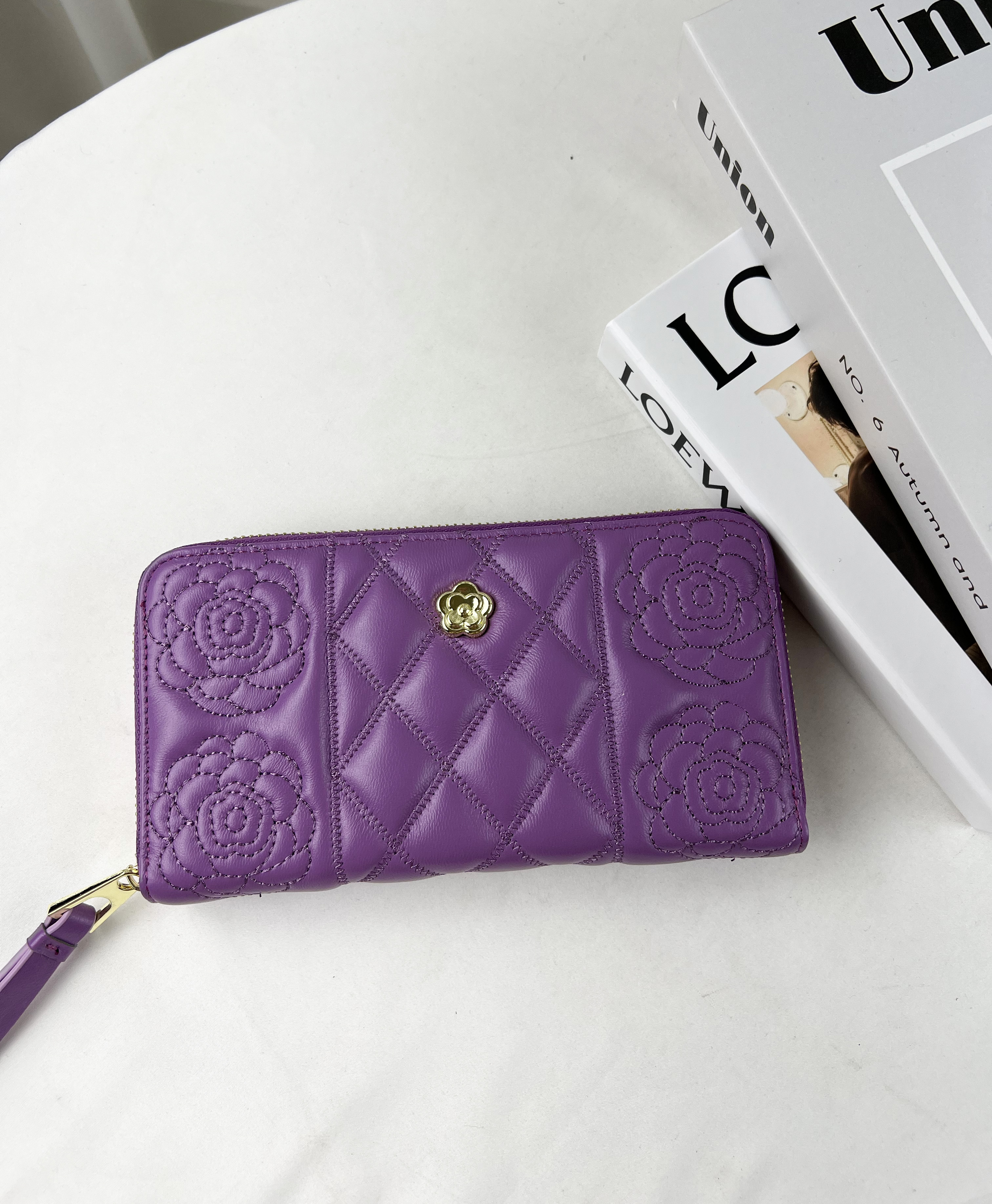 花朵真皮羊皮拉鍊長夾  #SM-1015