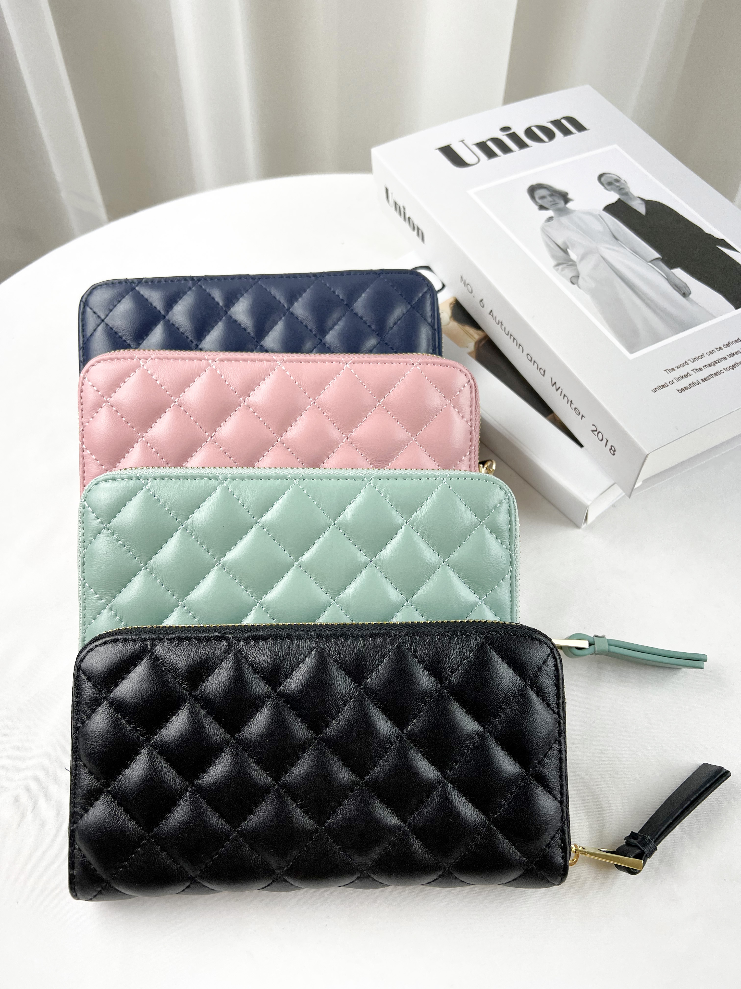 菱格紋真皮羊皮拉鍊長夾  #SM-1901