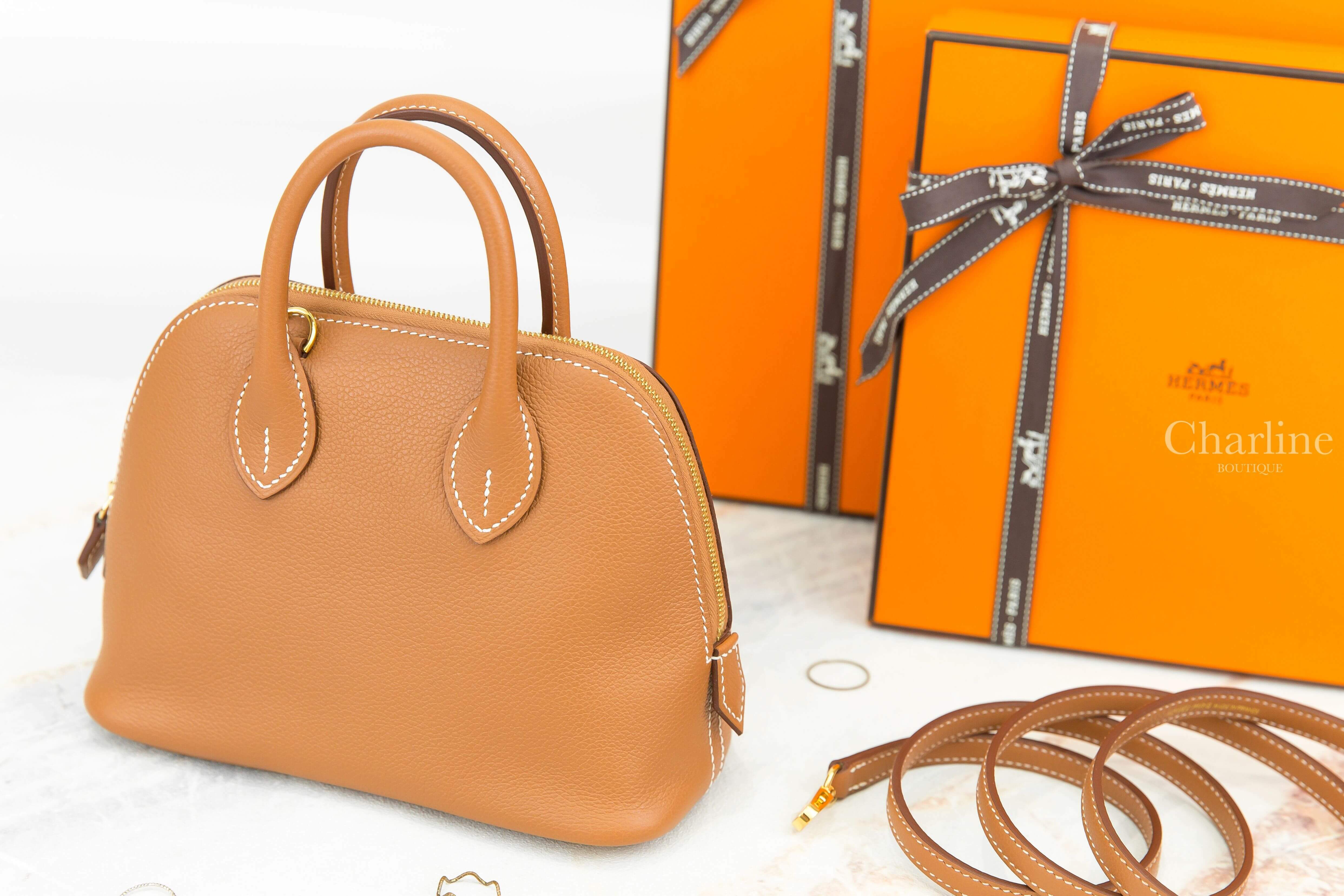 Hermès Bolide 1923 Mini 37 Gold Evercolor U刻焦糖色金釦迷你手提肩背包-Charline Boutique 精品代購