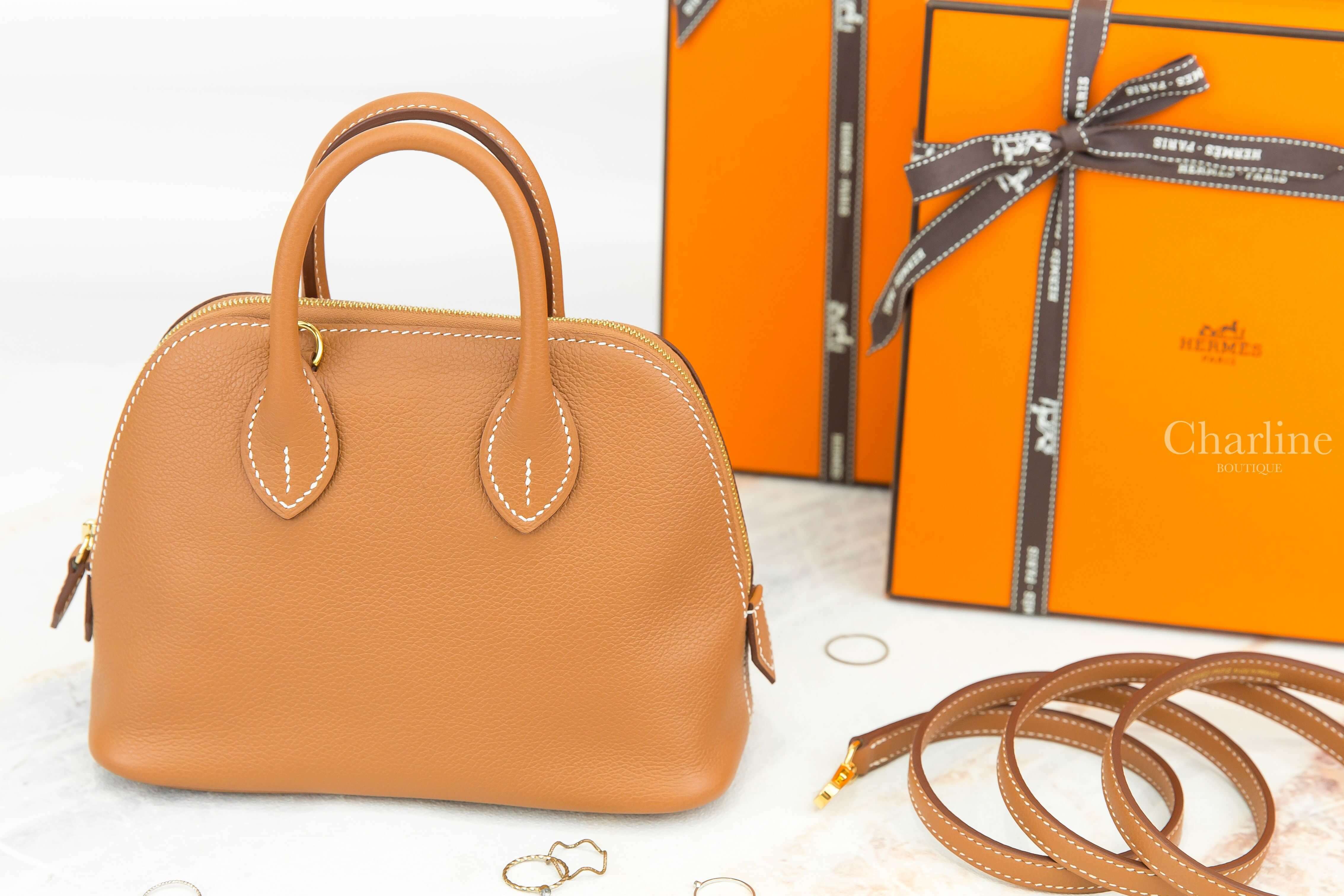 Hermès Bolide 1923 Mini 37 Gold Evercolor U刻焦糖色金釦迷你手提肩背包-Charline Boutique 精品代購