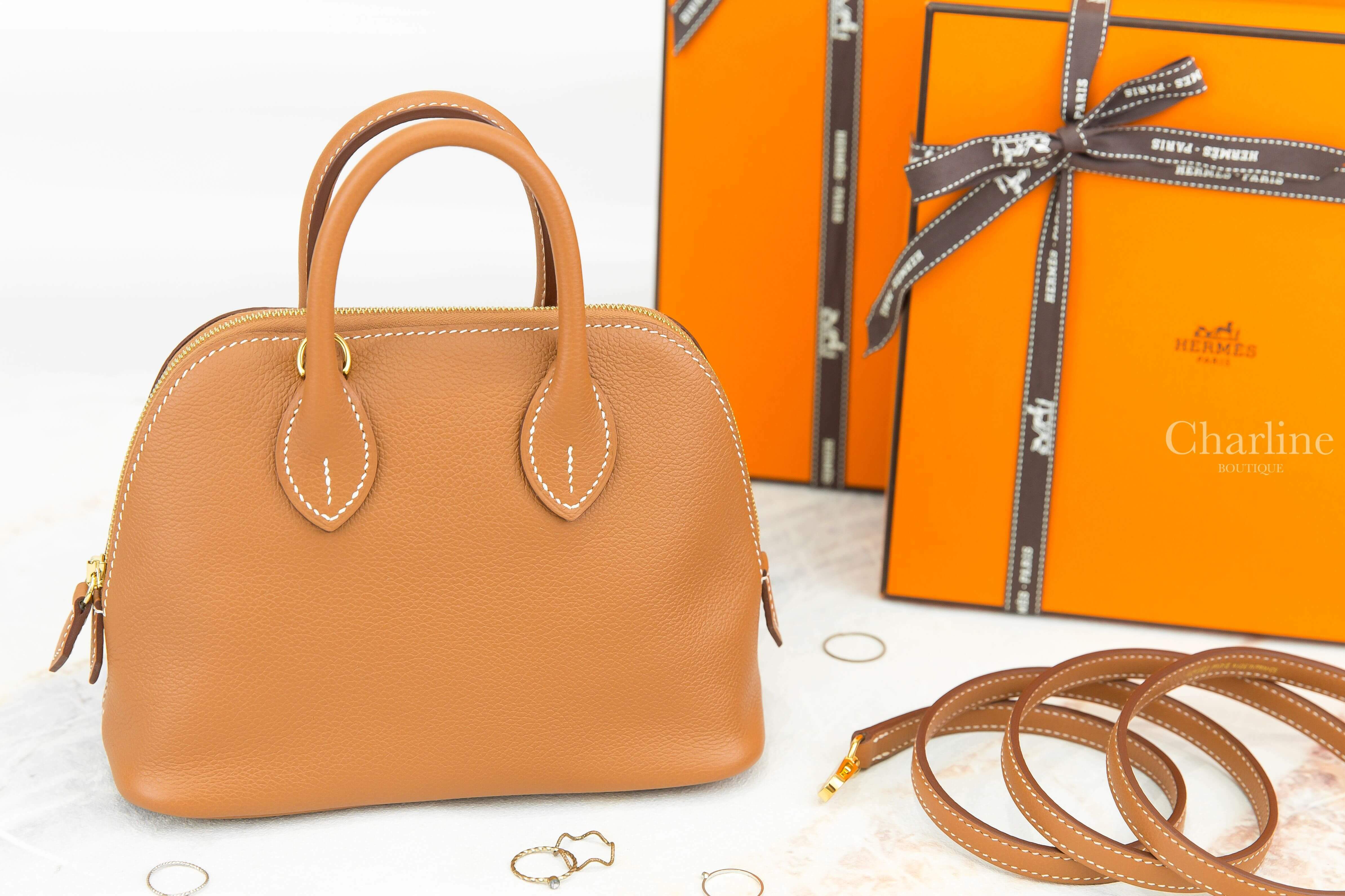 Hermès Bolide 1923 Mini 37 Gold Evercolor U刻焦糖色金釦迷你手提肩背包-Charline Boutique 精品代購