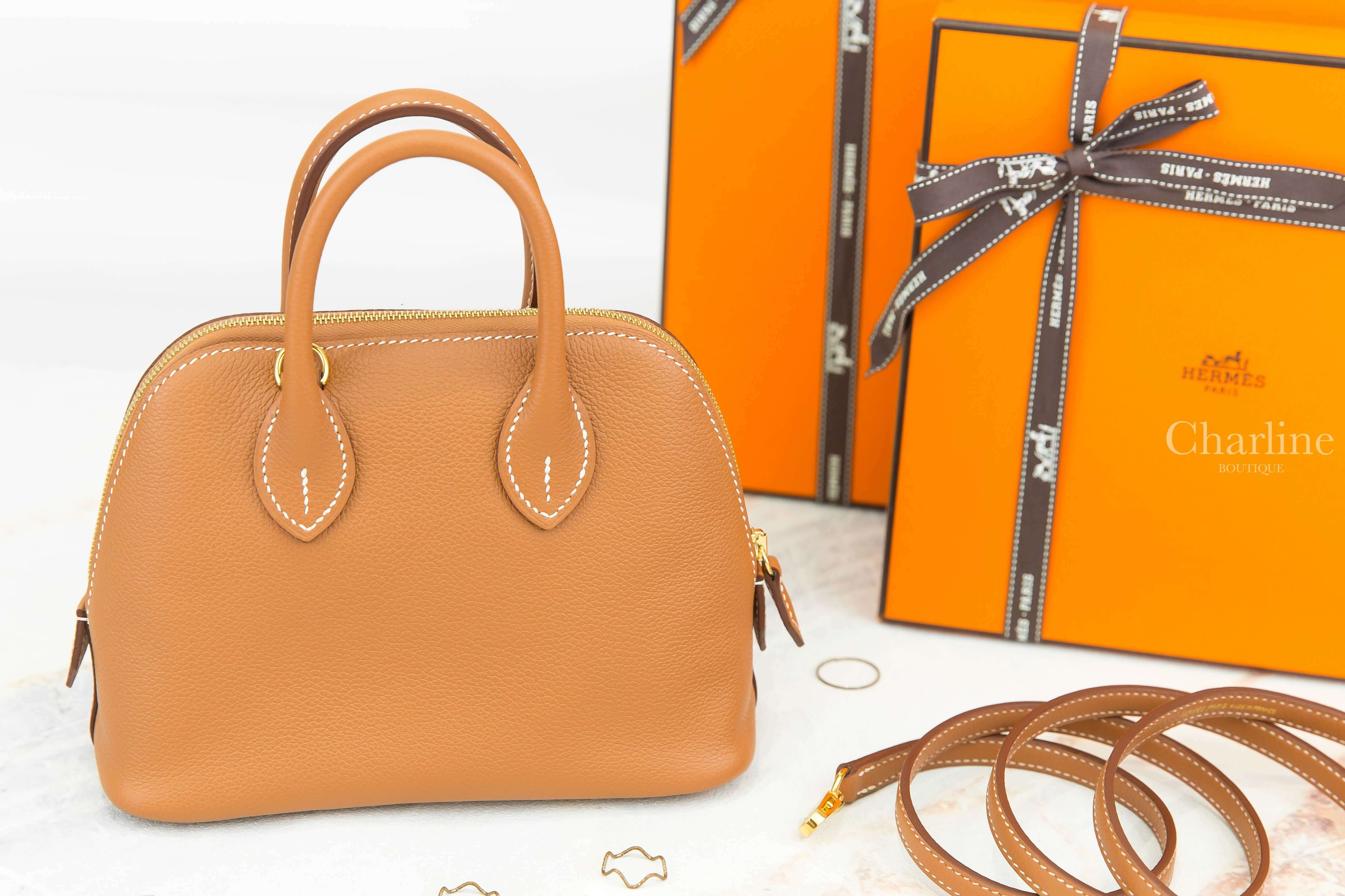 Hermès Bolide 1923 Mini 37 Gold Evercolor U刻焦糖色金釦迷你手提肩背包-Charline Boutique 精品代購