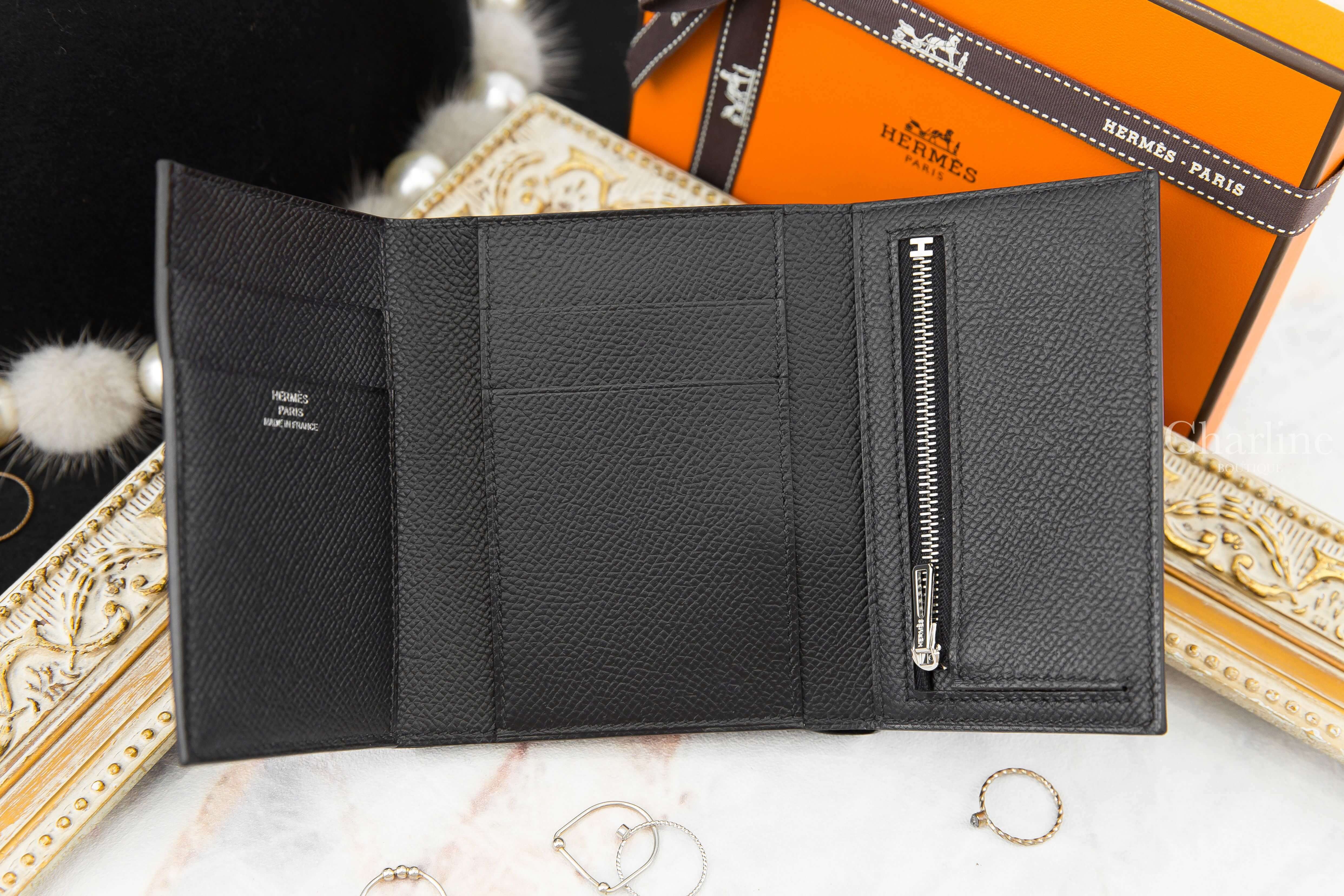 Hermès Bearn Wallet 89 Noir Epsom Z刻黑色黑釦三折短夾-Charline Boutique 精品代購