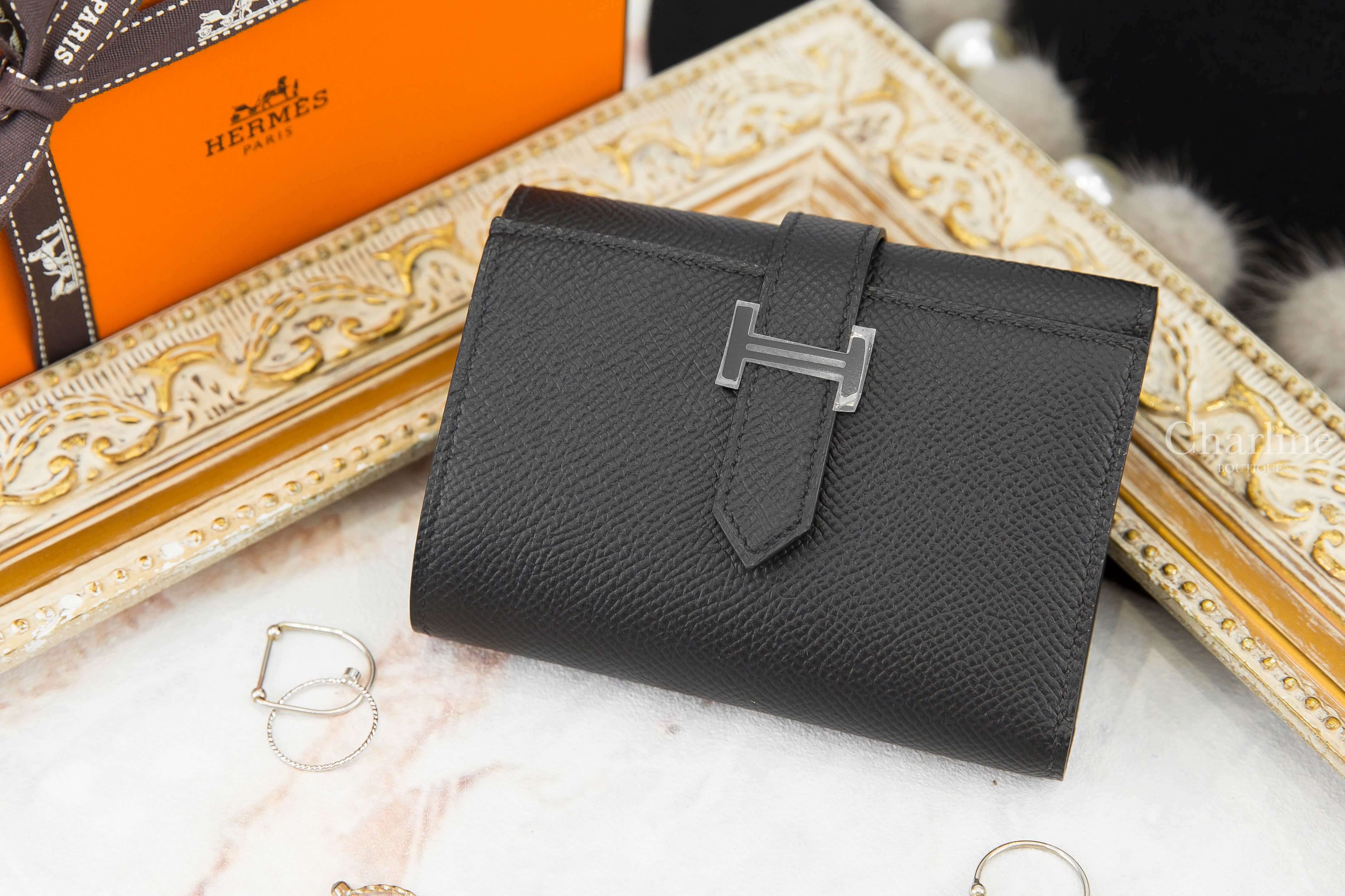 Hermès Bearn Wallet 89 Noir Epsom Z刻黑色黑釦三折短夾-Charline Boutique 精品代購