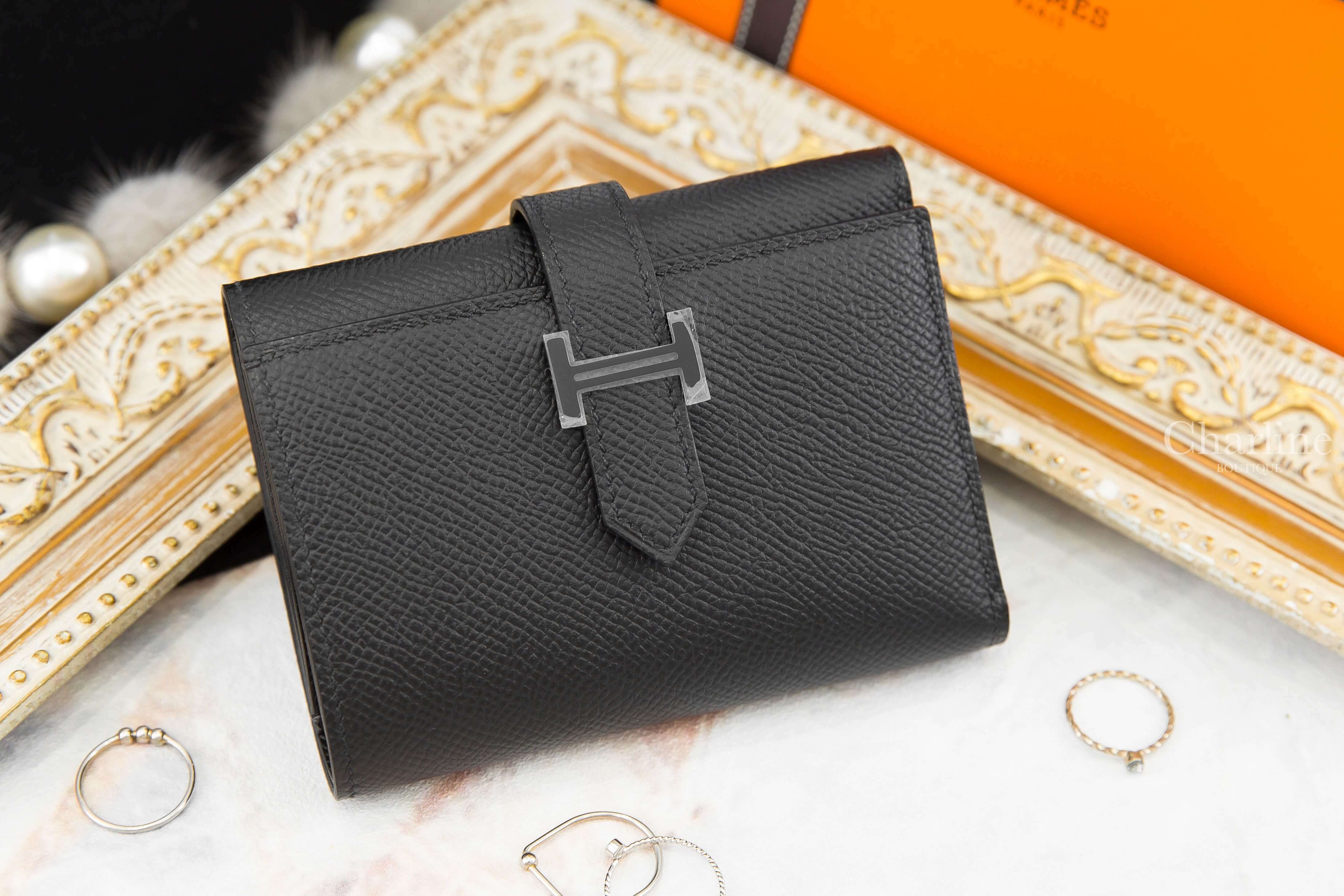 Hermès Bearn Wallet 89 Noir Epsom Z刻黑色黑釦三折短夾-Charline Boutique 精品代購