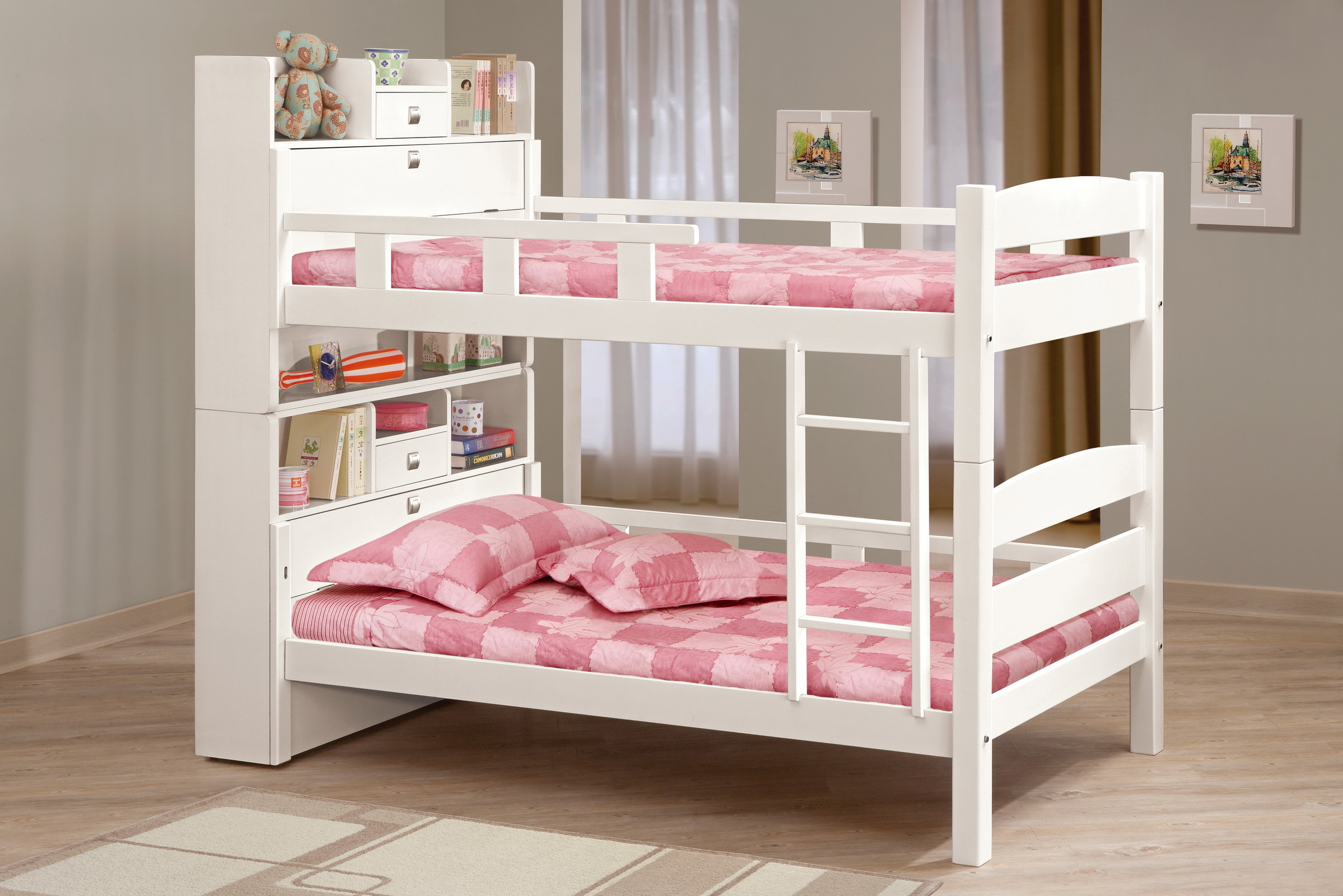 洛克3.5尺白色多功能雙層床(右向)