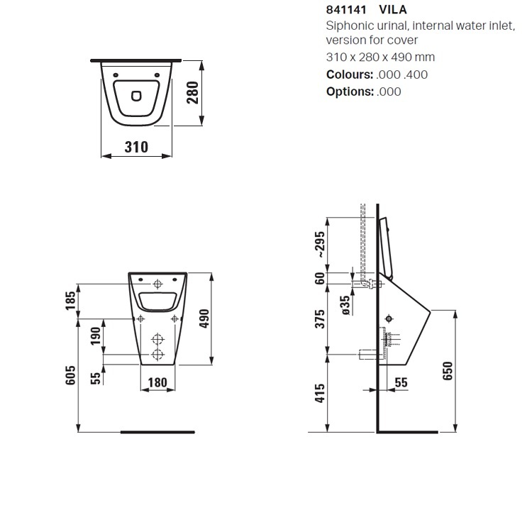 Laufen "Vila" 8.4114.1.000.000.1 + 8.9414.2.300.000.1 Siphonic Urinal with Cover