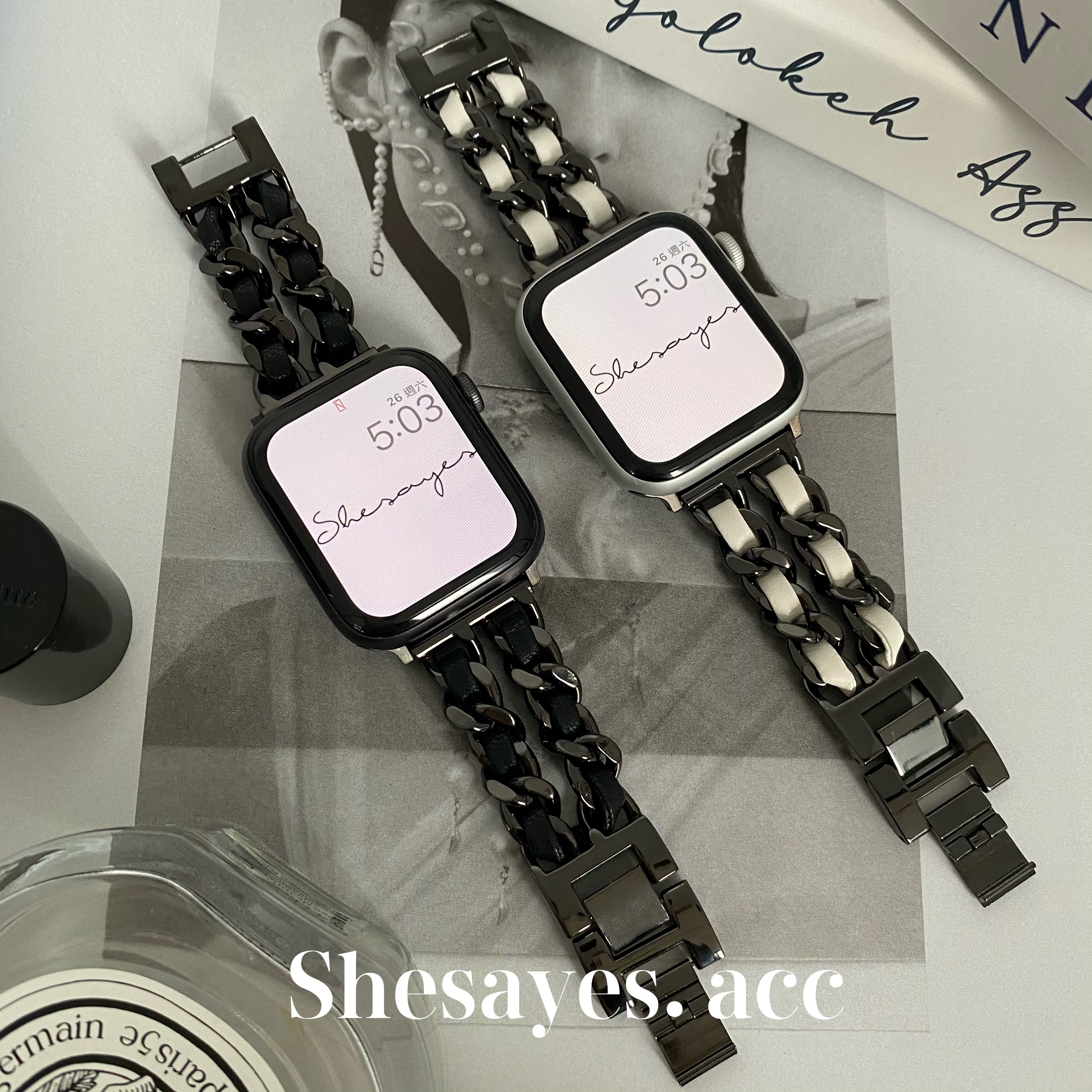 APPLE WATCH黑色小香風錶帶[黑色/白色]