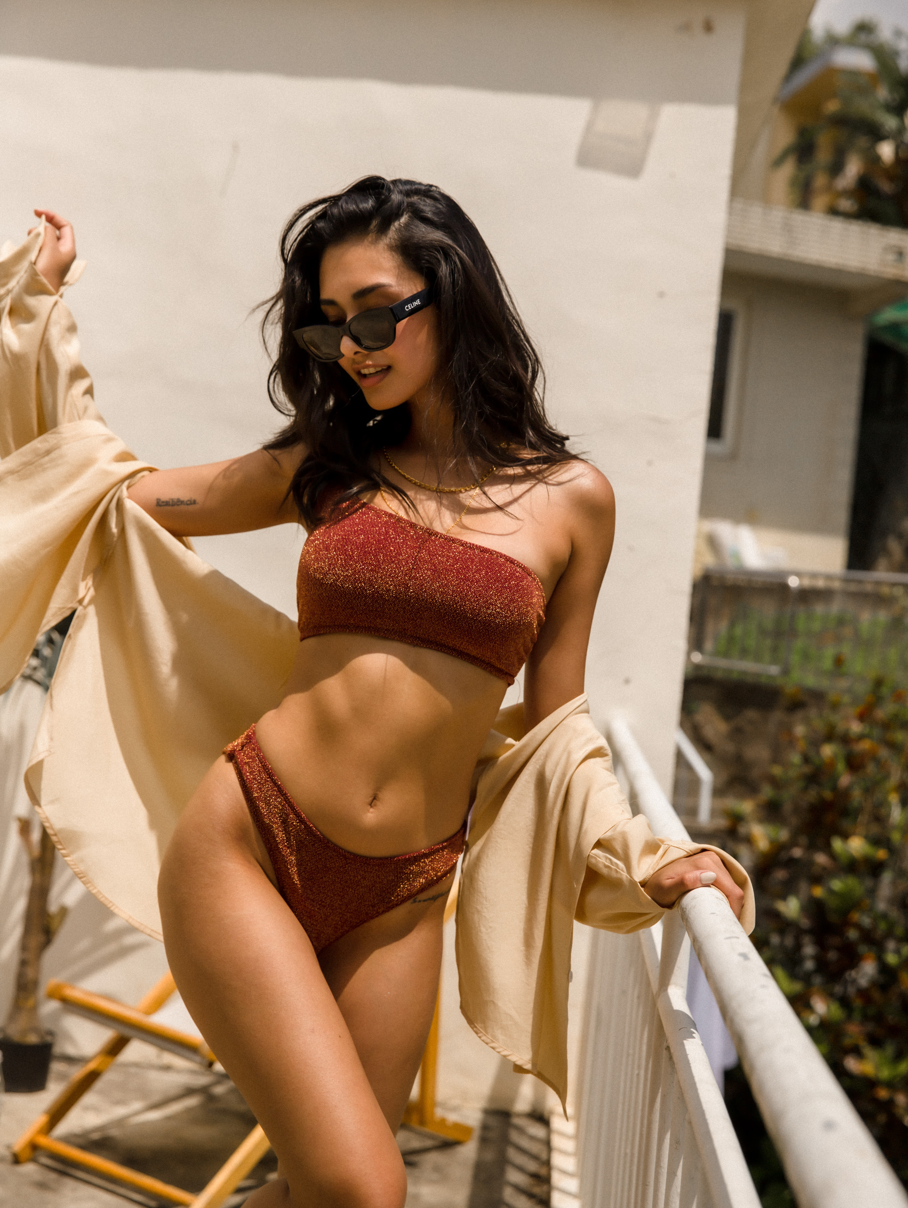 中低腰高衩泳褲（金沙紅/3尺寸）