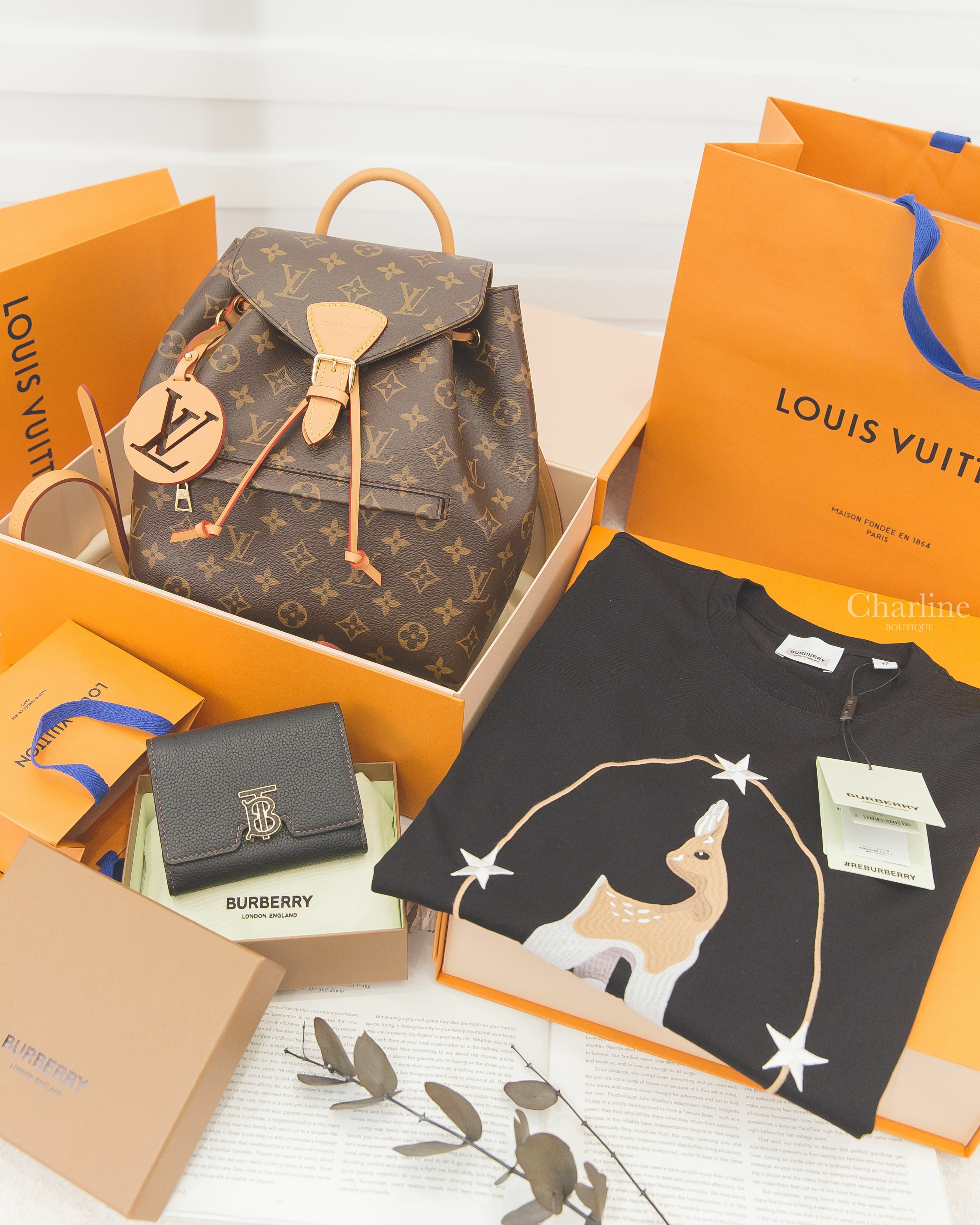 Louis Vuitton Montsouris PM 咖啡色老花帆布圓形簍空掛飾小型手提後背包,Burberry TB Folding Wallet 黑色粒面小牛皮黑底金邊TB金釦三折短夾-Charline Boutique 精品代購