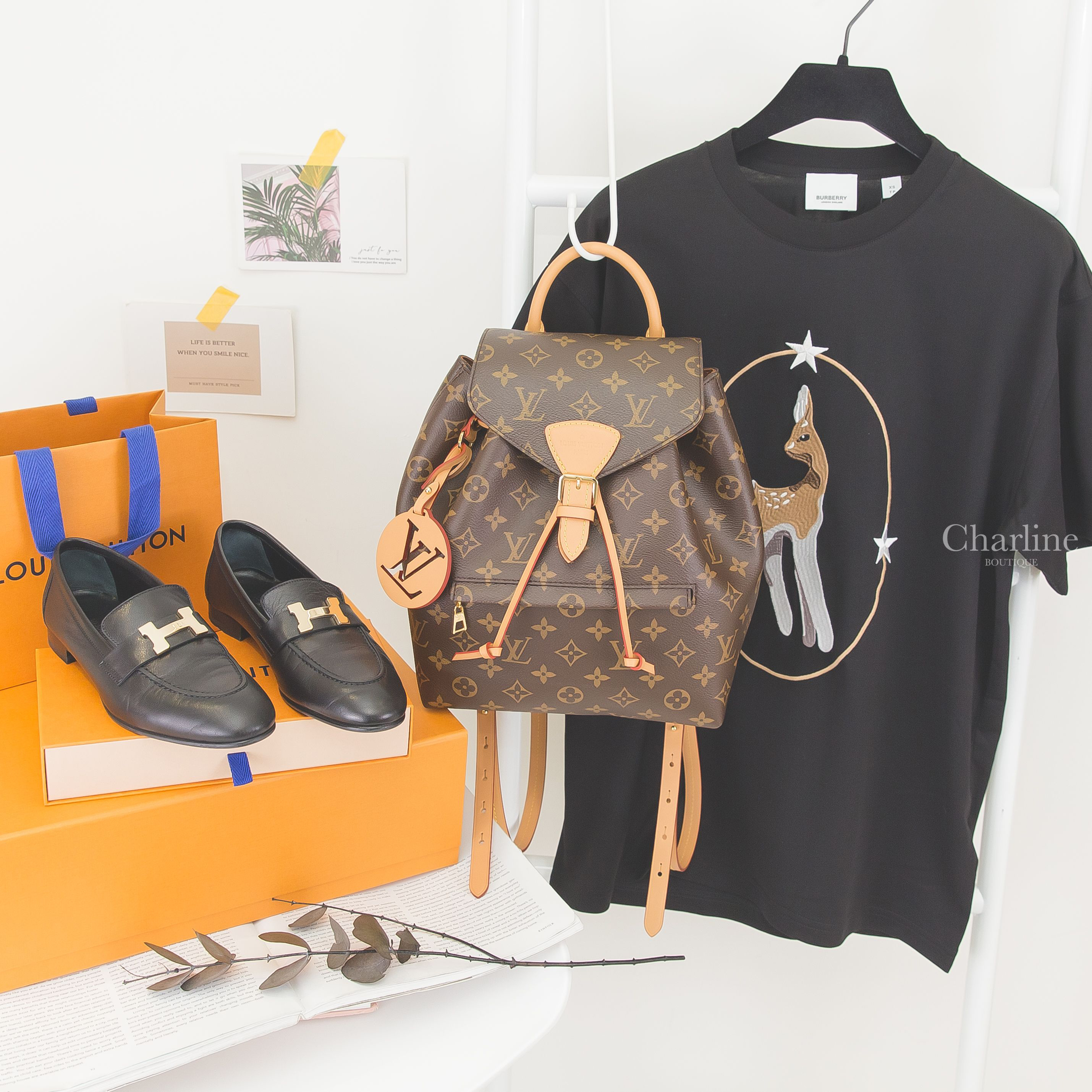 Louis Vuitton Montsouris PM 咖啡色老花帆布圓形簍空掛飾小型手提後背包,Hermès Paris Loafer 黑色金釦H山羊皮樂福鞋-Charline Boutique 精品代購